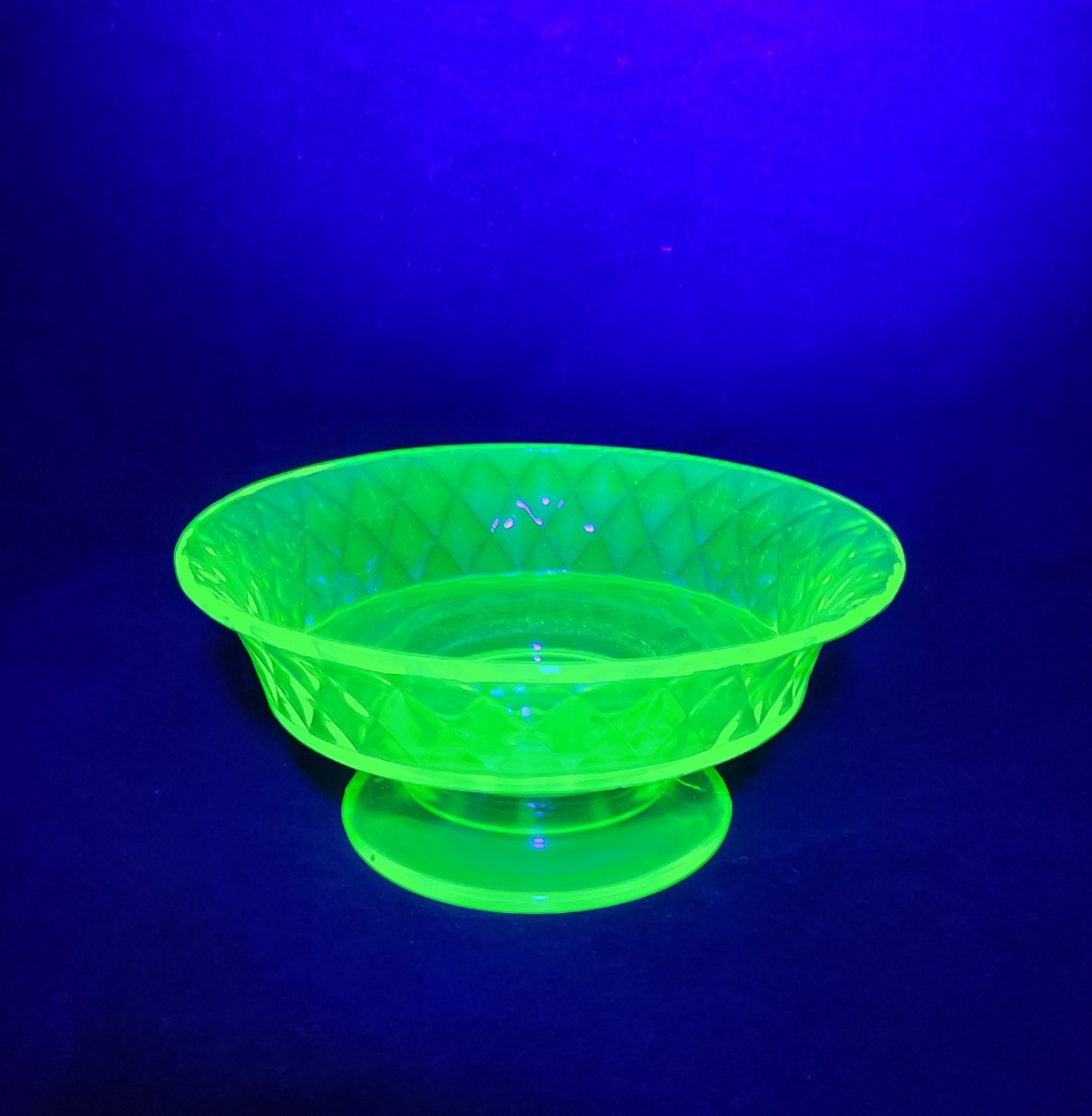 Antique Bryce Vaseline Canary Yellow Uranium Glass Diamond Quilt Compote Bowl