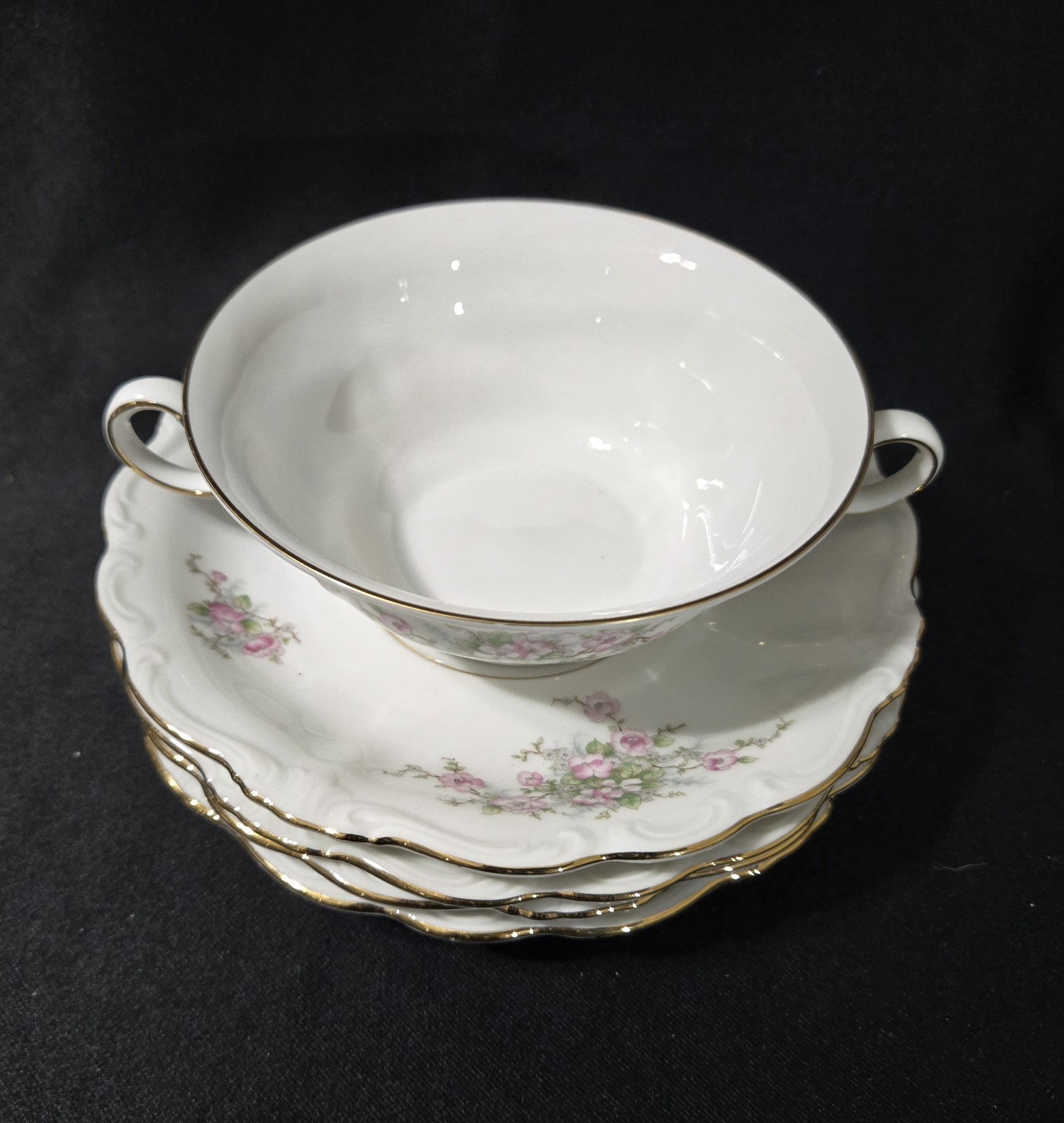 MINT Johann Haviland Bridal Rose Bavaria 1 Dbl Handled Cup + 4 Saucer Pink Roses