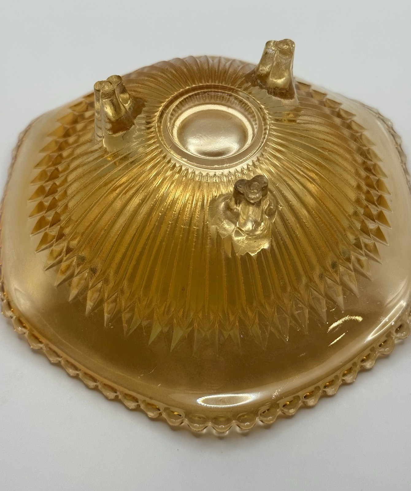 Vintage Carnival Glass Jeanette Glass 3 Footed Marigold ‘Anniversary’ Bowl 6.5”