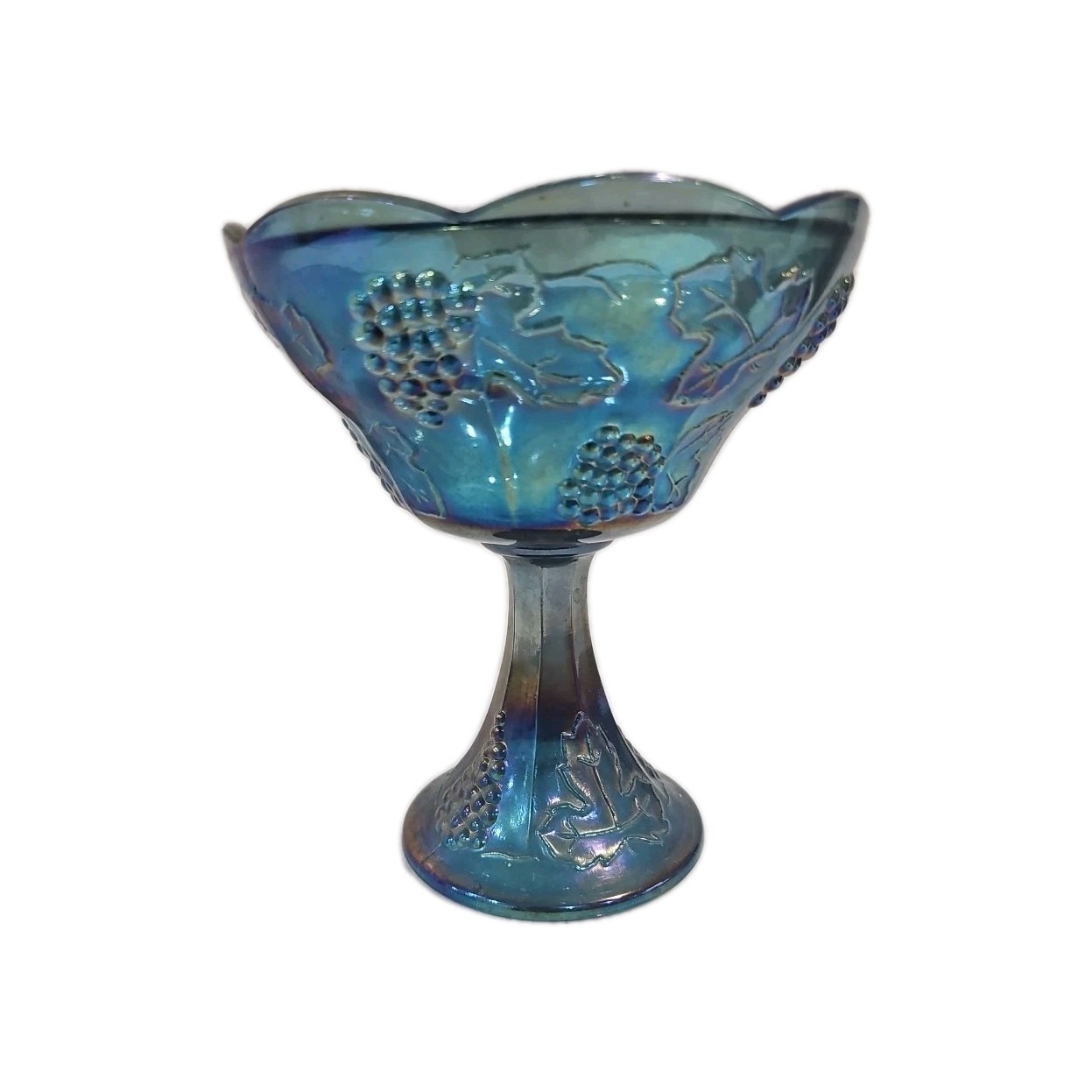 Vtg Iridescent Blue Carnival Glass Candy Dish Pedestal Bowl Grape Indiana 8″