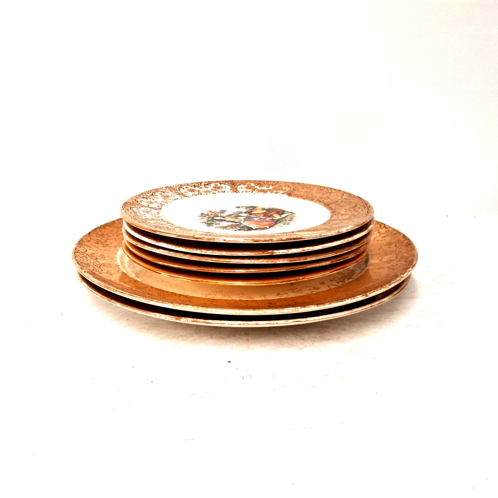 Sabin Crest O Gold Plates 22K Gold Trim Pastoral Scene Vintage China Set
