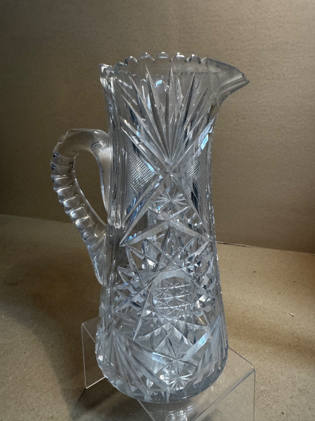 Vintage rare American Brilliant Cut Crystal Sawtooth Edge Pitcher Shabby Vase