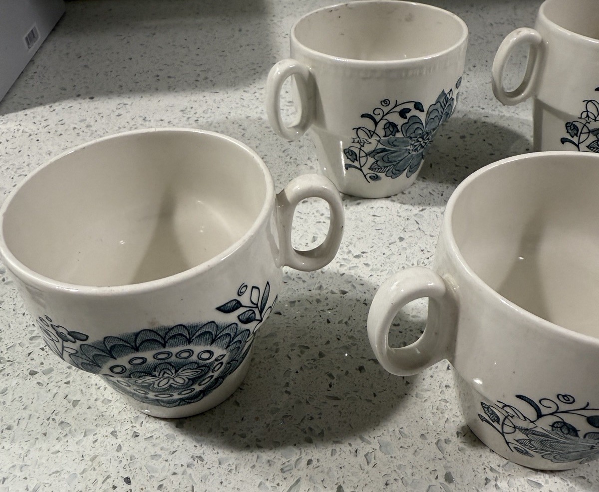 Parker Brothers Ltd Offbeat Blue White Royal Tudor Tea Cups Stackable Set Of 6