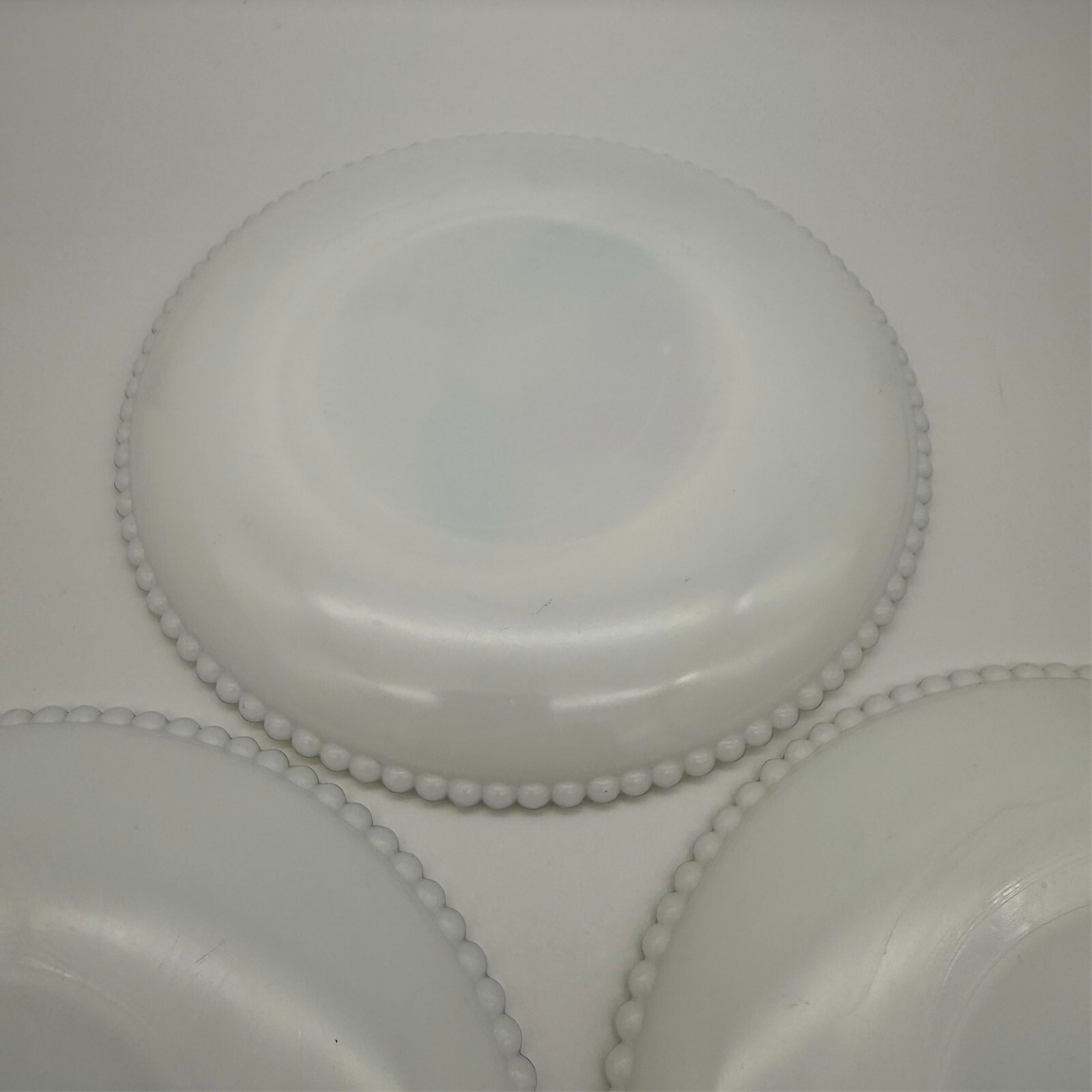 Set of 3 Westmoreland Milk Glass Fruit Plates 7.5″ Beaded Edge Vintage MCM