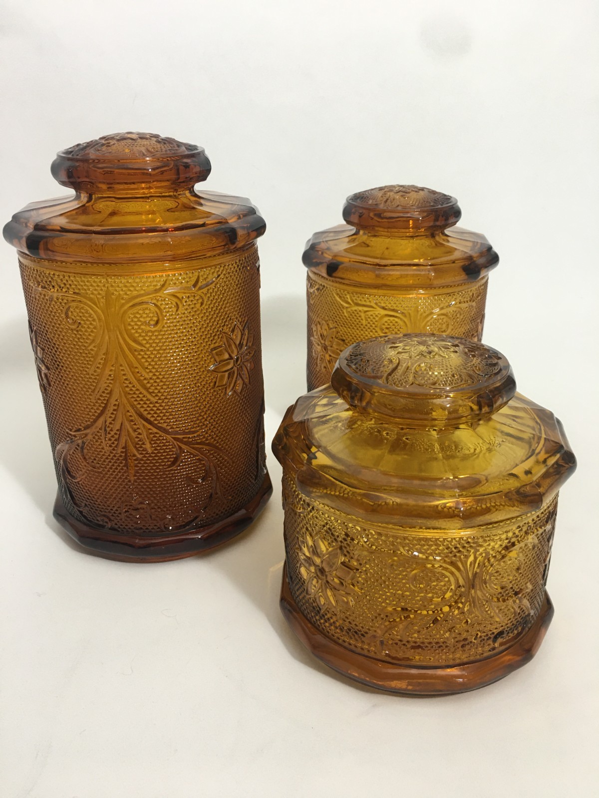 1980s TIARA Indiana Glass Amber Sandwich Pattern 3 Piece Canister Set lids NEW