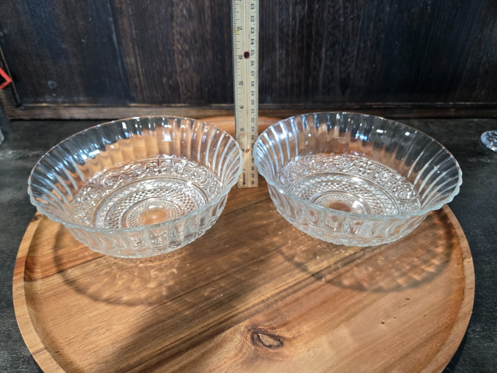 Vintage KIG Malaysia Clear Glass Serving Bowl set Fleur de Lis Pattern 7.75″