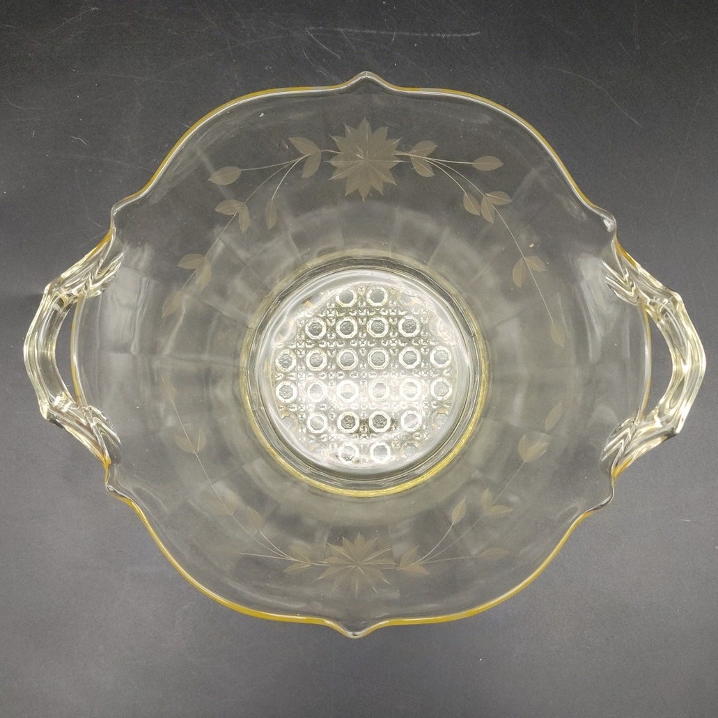 Vintage Etched Glass Serving Bowl w Handles Floral Star Pattern