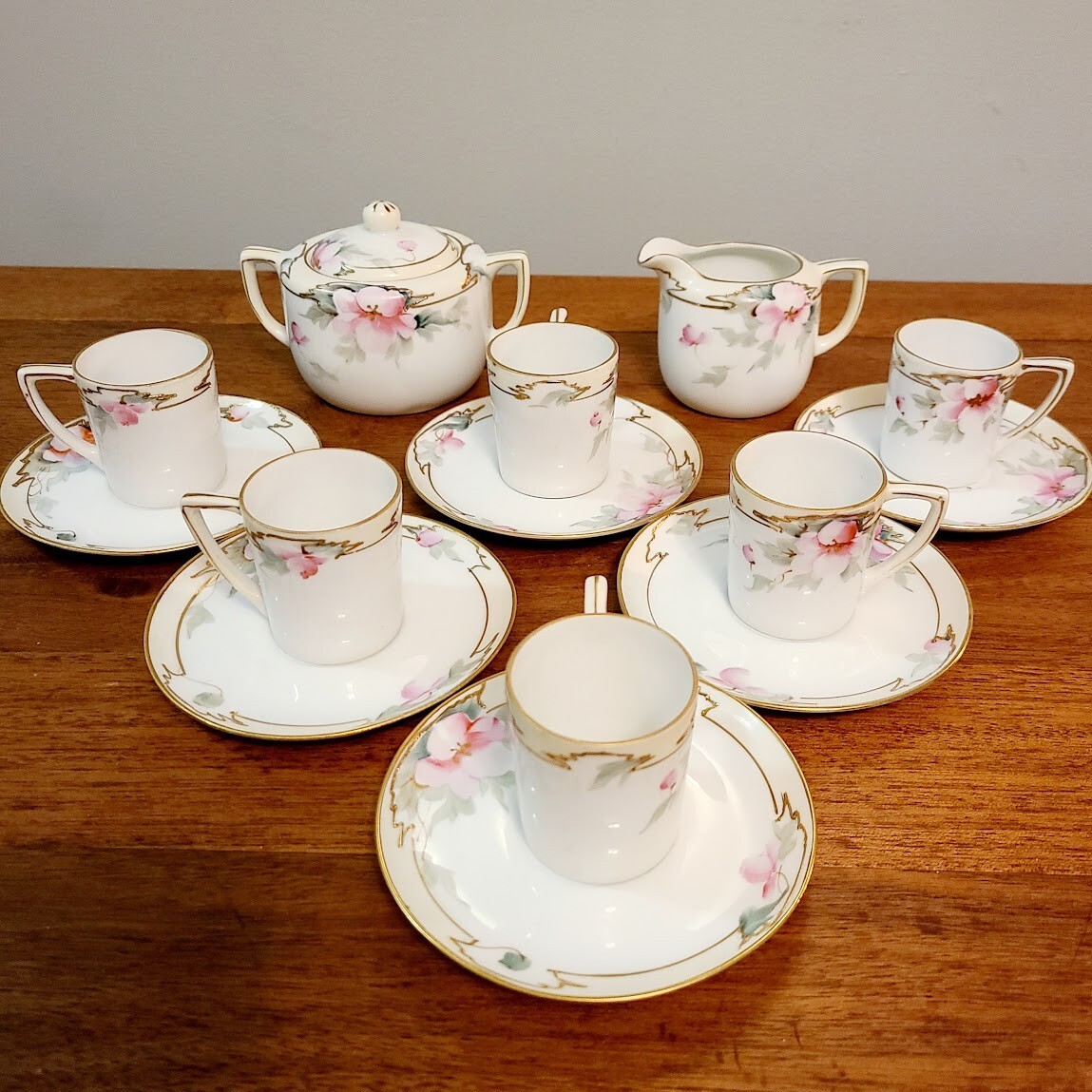 Antique Edwardian White Gold Rimmed w/ Pink, White & Green Floral Nippon Tea Set
