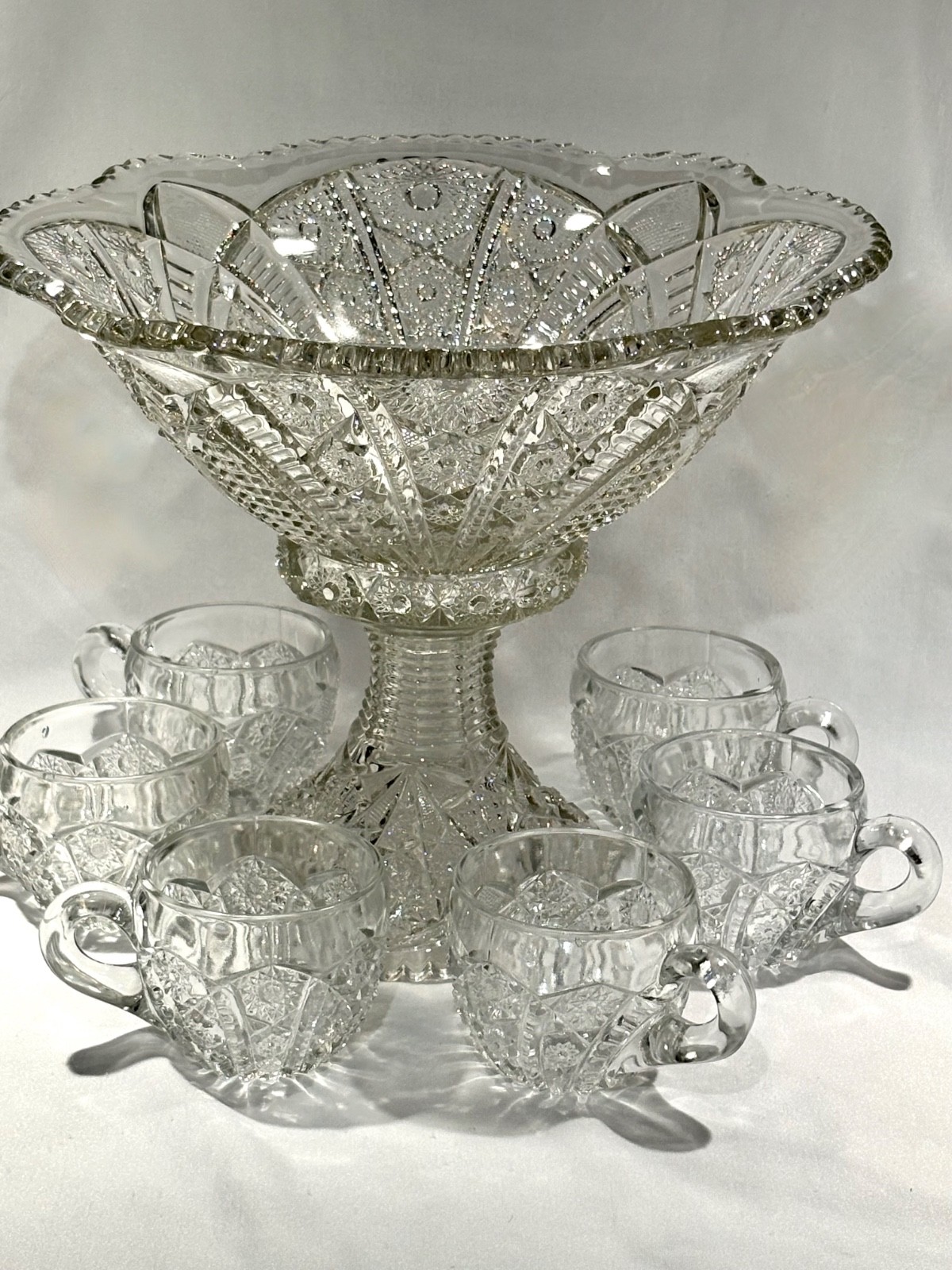 Antique Indiana Glass Paneled Daisy and Fine cut Clear Punch Bowl Base & 6 Cups