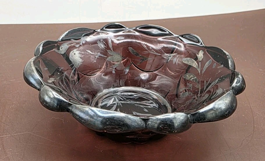 Vintage 1930’S Imperial Glass Amethyst Purple Bowl W/ Silver Overlay 5 In…