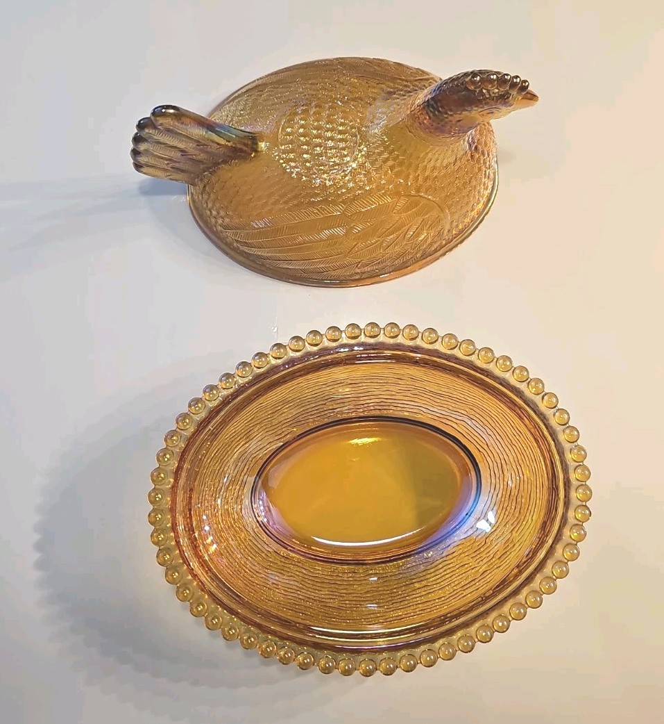 Vintage Indiana Golden Carnival Glass Hen on Nest Dish w/ Lid Oval Beaded Base