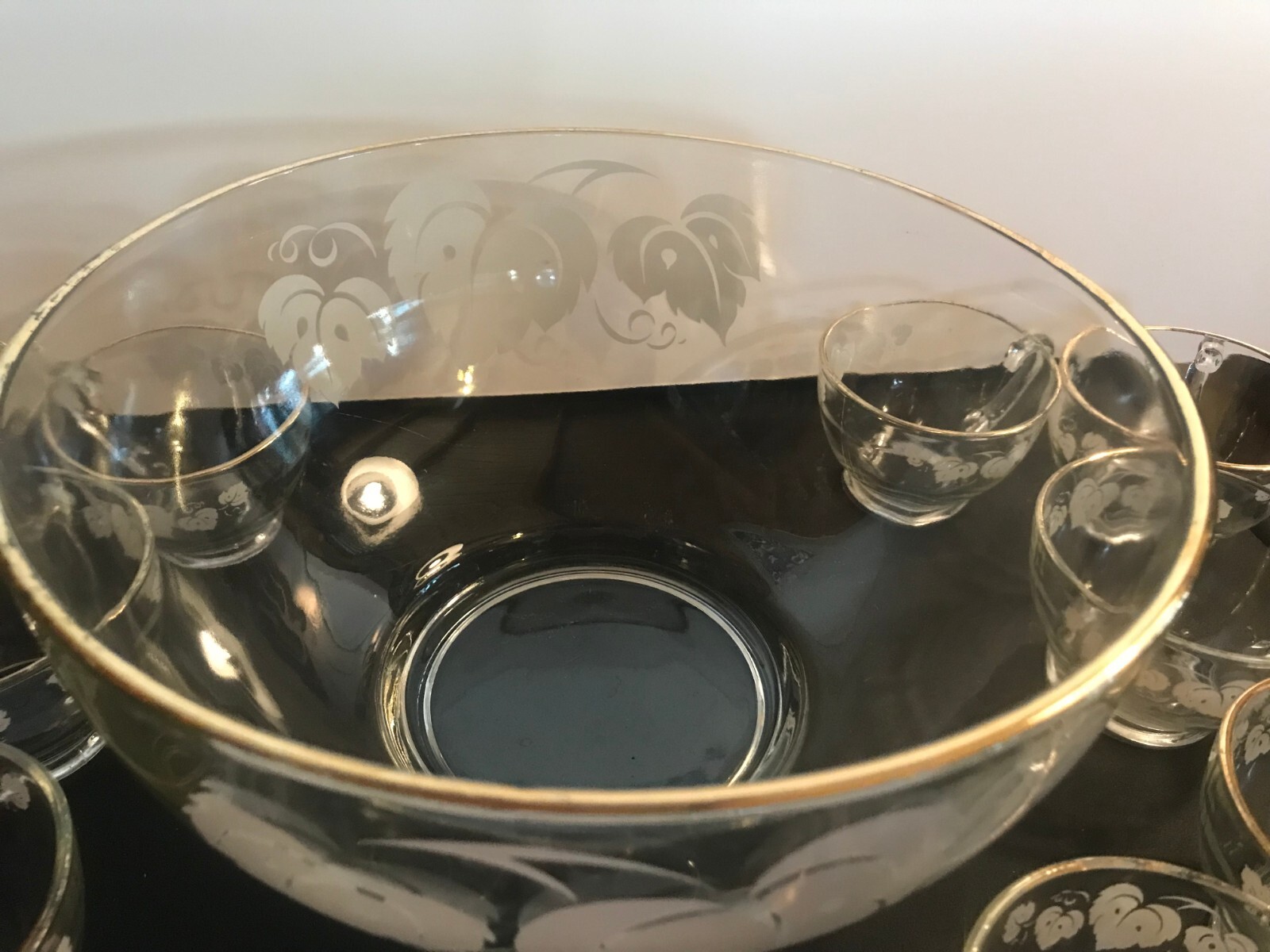 Vintage Glass Gooseberries Print Punch Bowl Set White Leaves with Gold Rim