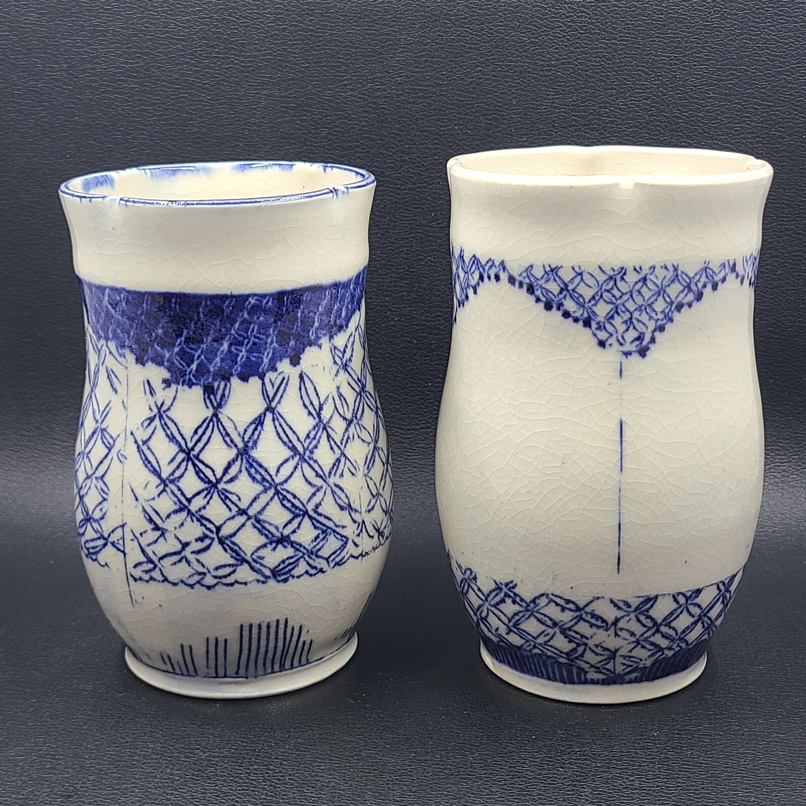 Studio Art Pottery Scalloped Asian Style Blue and White Crackled Glaze Signed