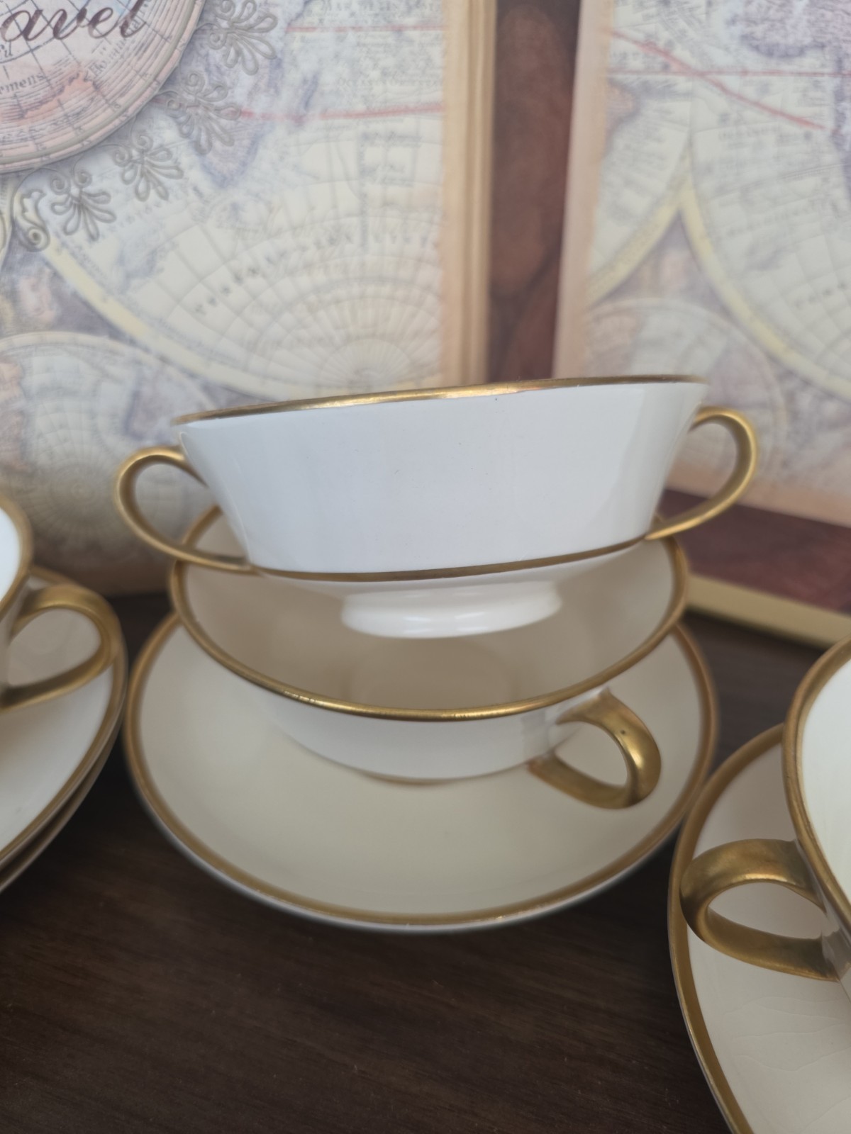 Vintage Gold and cream 4) Cream Soup Bowls, 5 in (4) Cream Soup Saucers, 6in