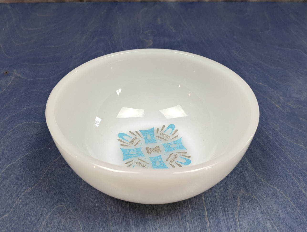 Vintage Fire King Blue Heaven Cereal Bowl Milk Glass MCM Atomic 5″ Made in USA