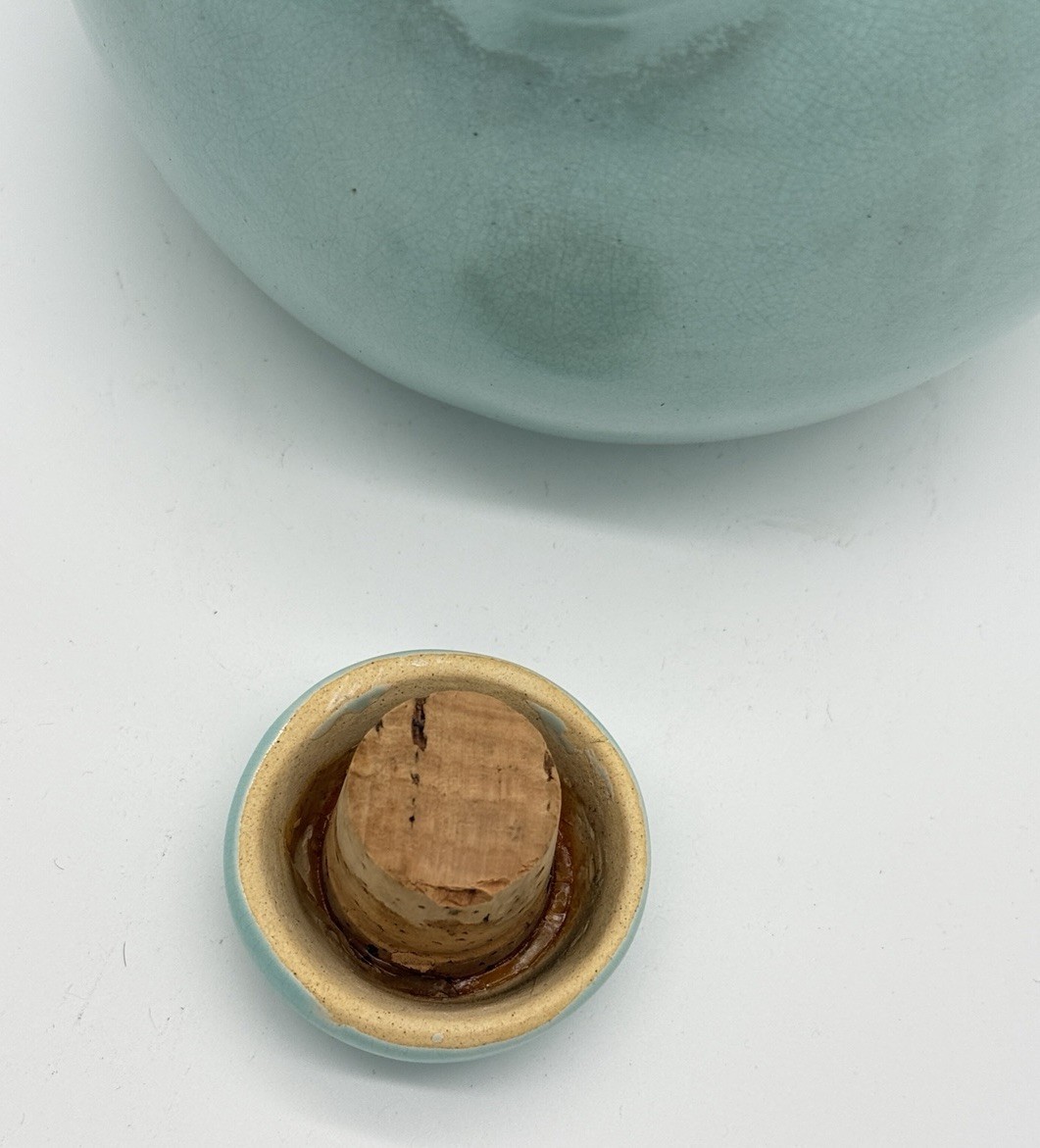 Vintage Art Deco Pottery Water Ball Pitcher Camark Teal Glazed Labels Cork 7″