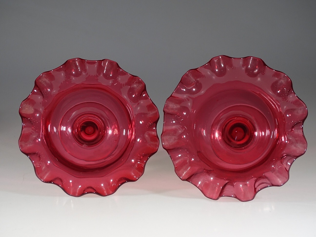 Matched Set of 2 British Victorian Cranberry Glass Compote Crimped Rim c.1895