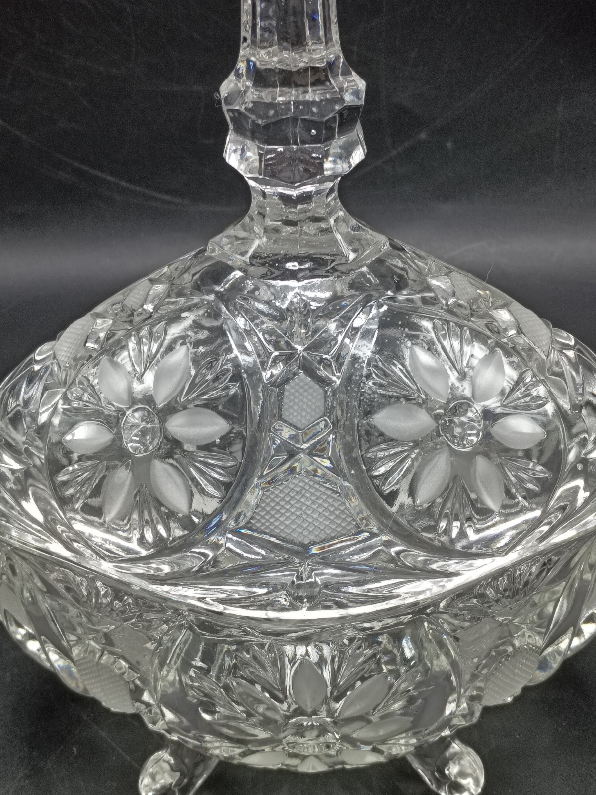 Vintage Large Heavy Etched Crystal Covered Oval Candy Dish Floral