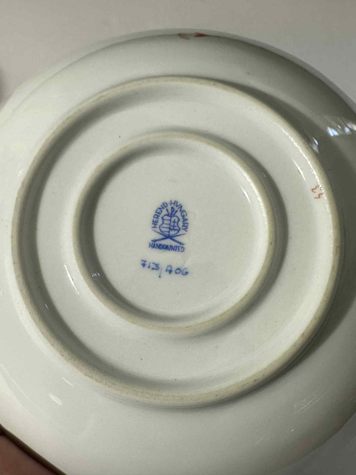 Pair Herend Hungary Trembleuse Saucers #713 Blue & Rust Indian Basket Gold Trim