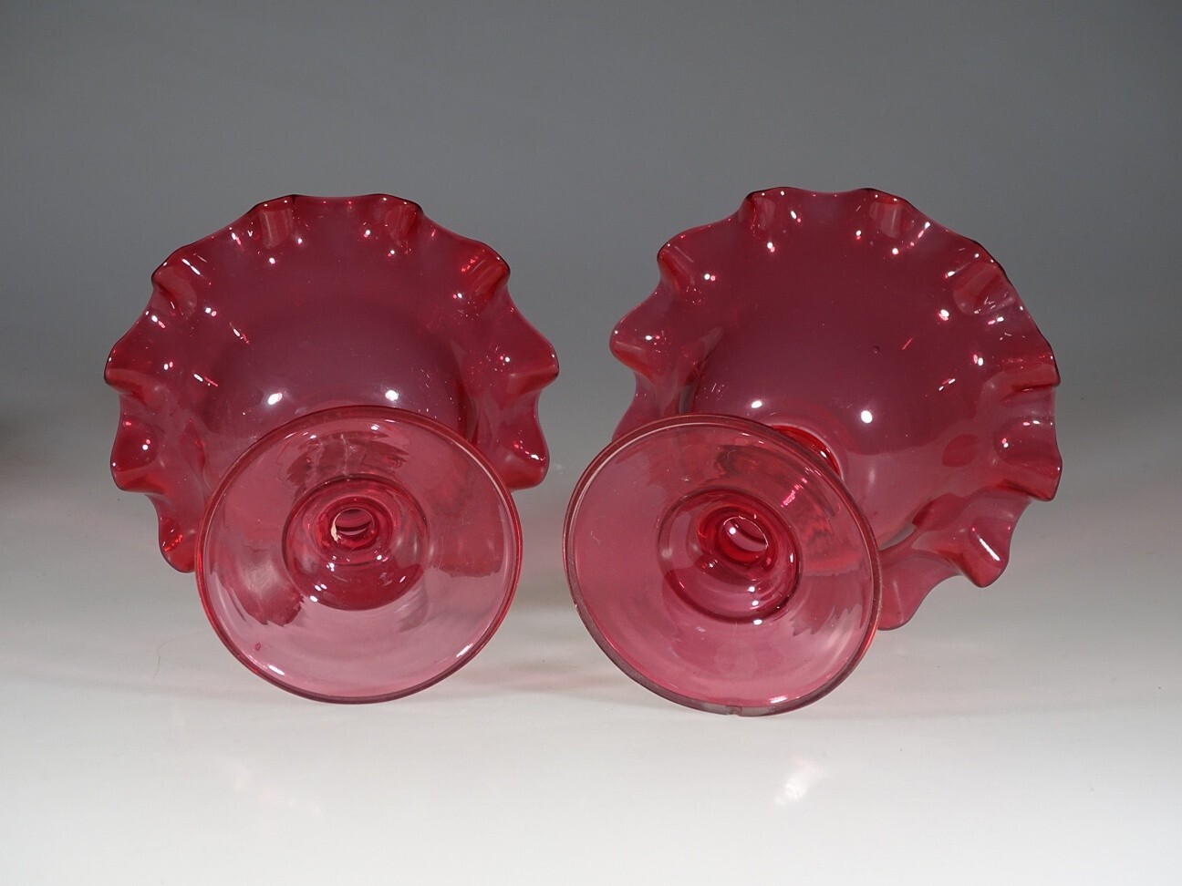 Matched Set of 2 British Victorian Cranberry Glass Compote Crimped Rim c.1895