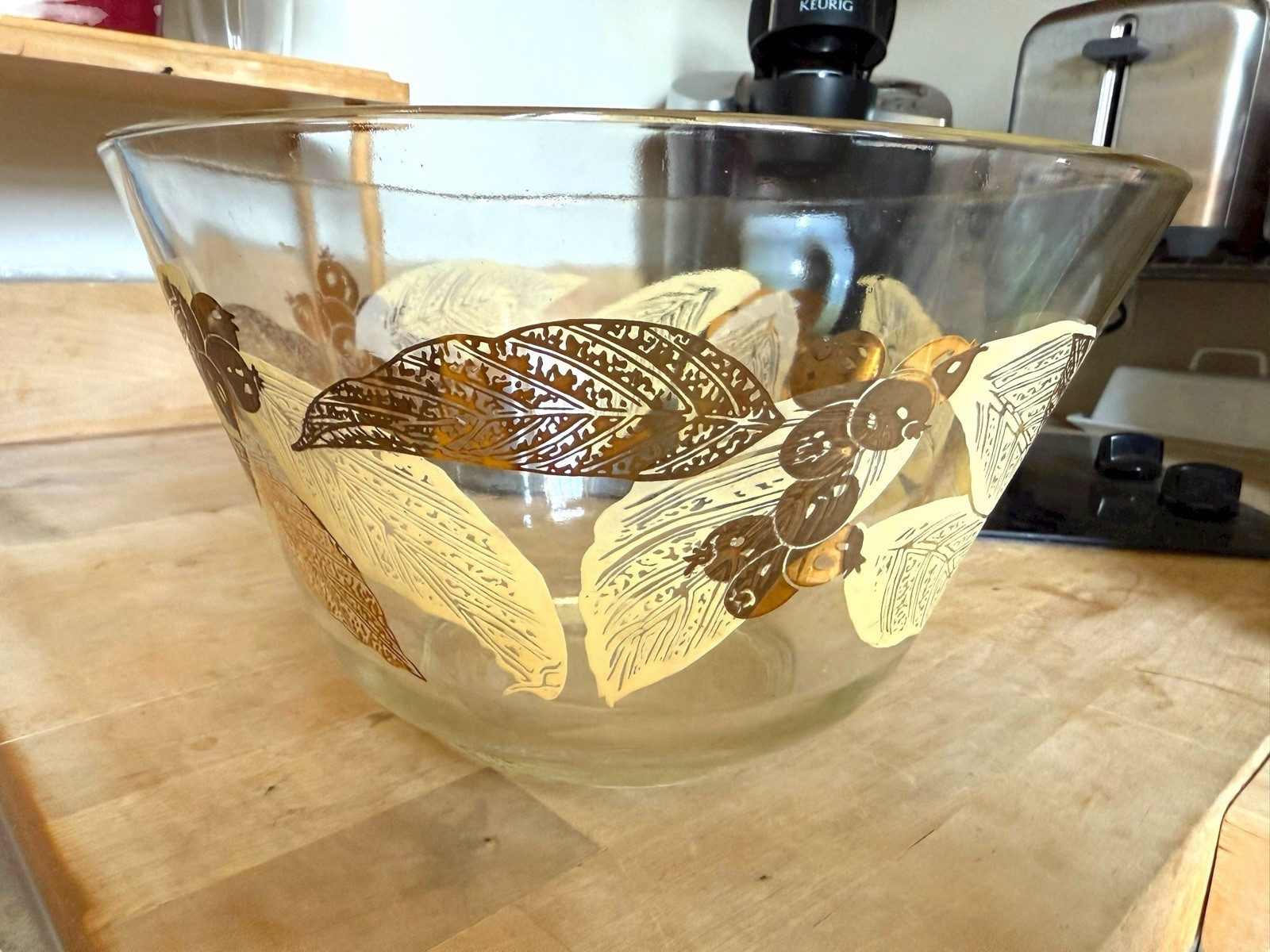 Vintage MCM Glass Snack Bowl Anchor Hocking Retro Gold Painted Fruit and Leaves