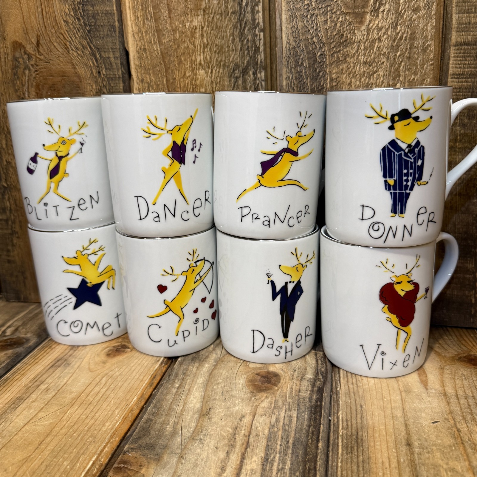 POTTERY BARN VINTAGE REINDEER MUGS – MIXED FULL SET OF 8 ~ HOLIDAY CHRISTMAS