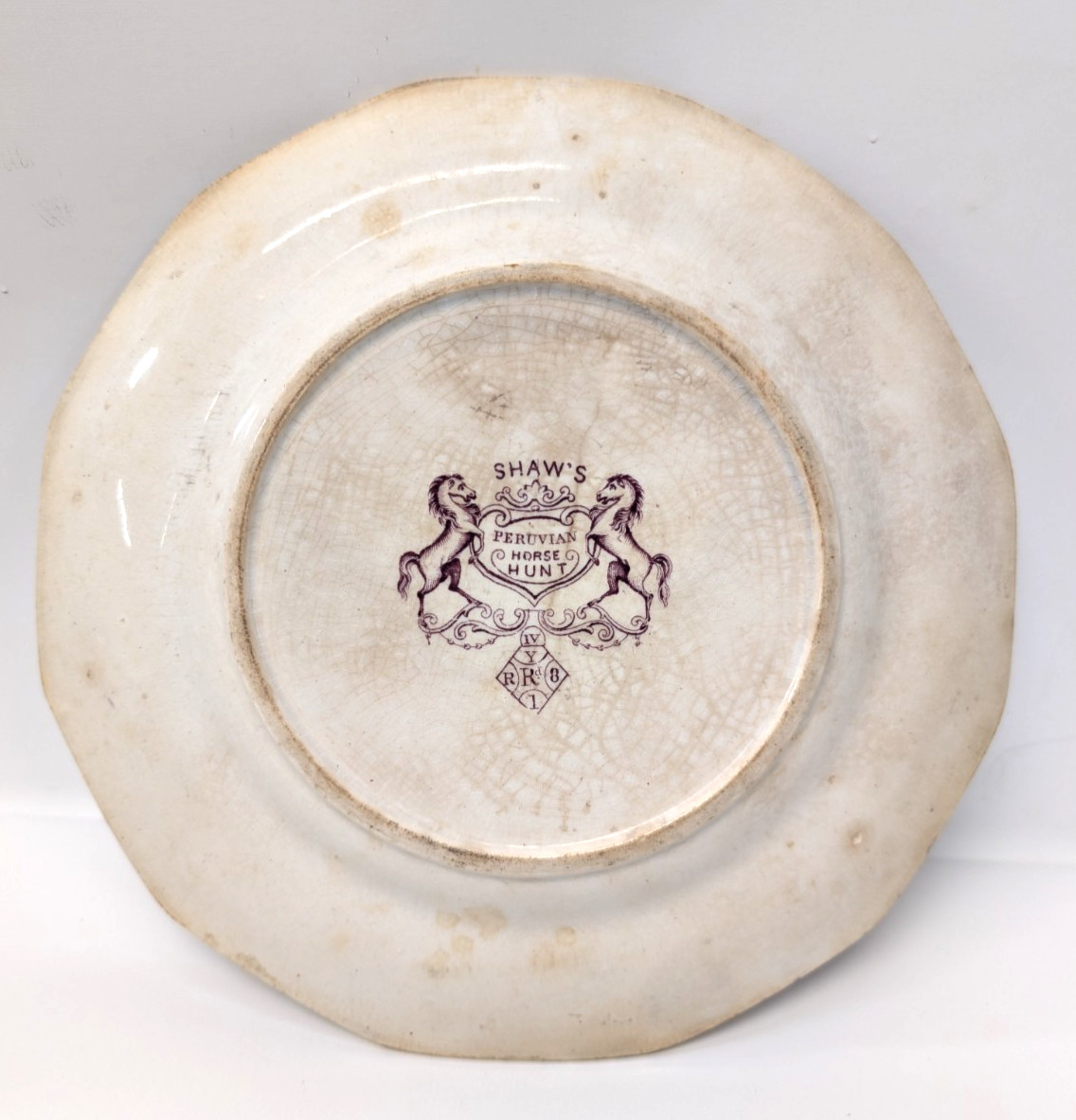 Antique Shaw’s Peruvian Horse Hunt Purple/Brown Transferware Plate Staffordshire