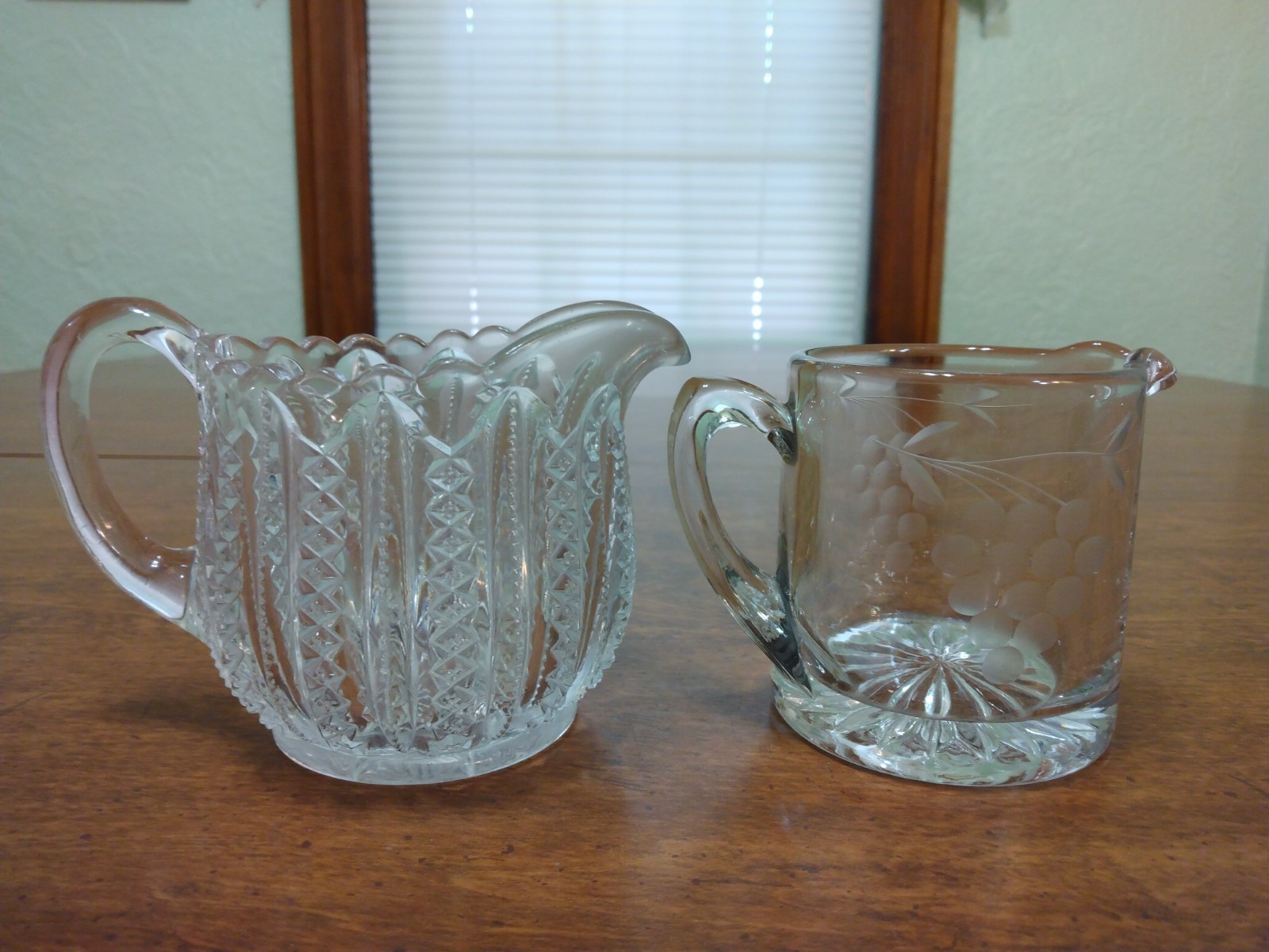 Vintage Diamond Cut Creamer & Grapevine Etched Creamer