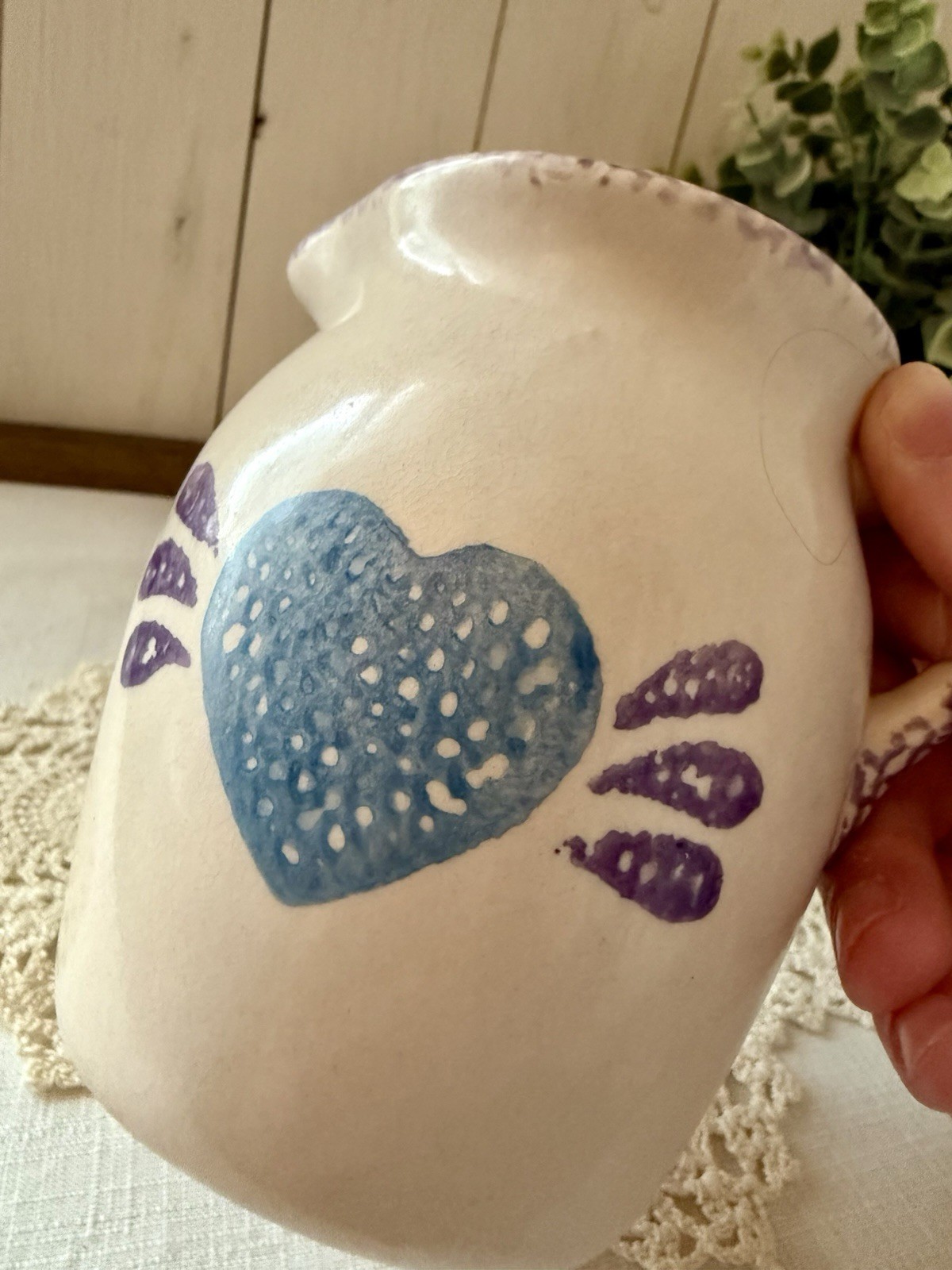 Vintage Blue Heart Spongeware Stoneware Creamer – Country Cottage Pitcher