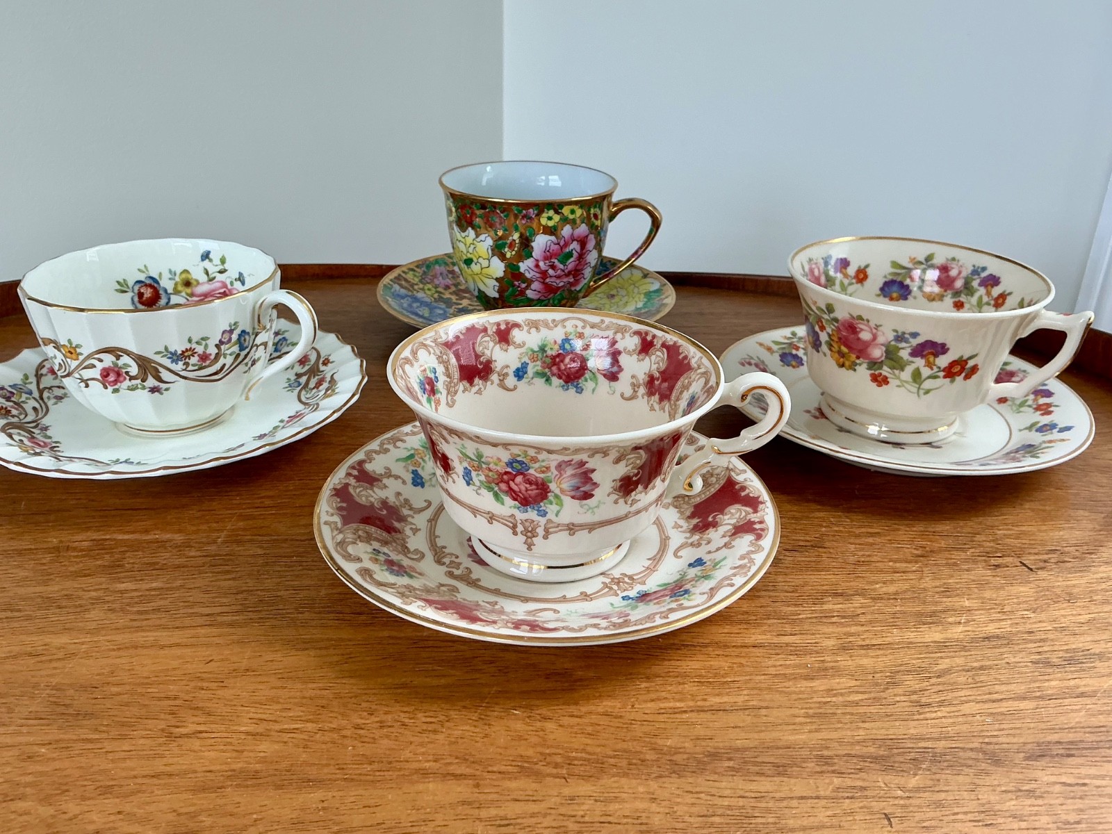 Mismatched China TEA CUPS and Saucers ~ Set of 4 ~ Colorful Set