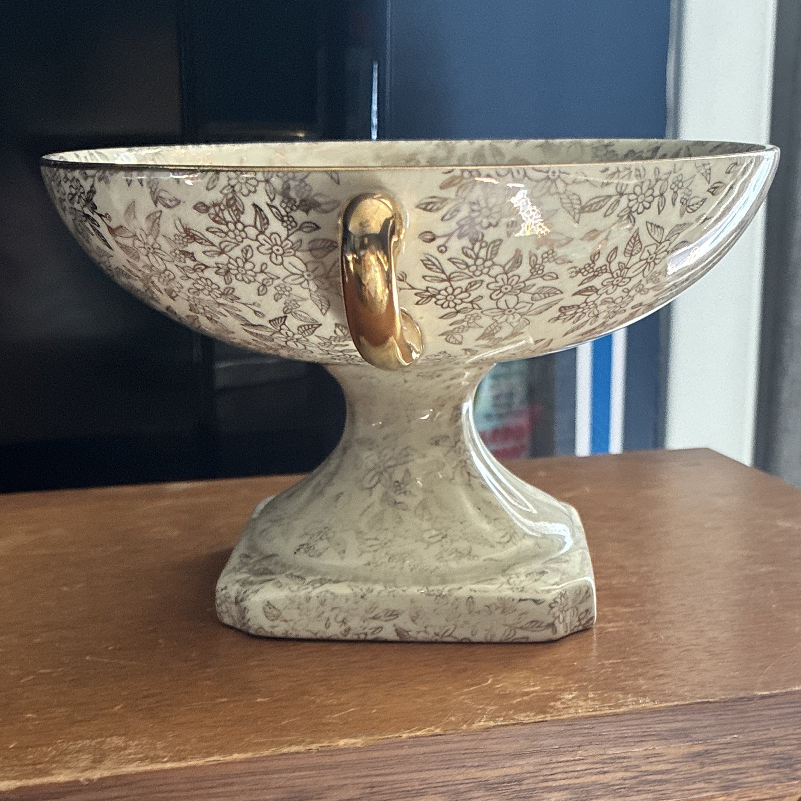 Lancaster Floral Compote & Pedestal Bowl, Gold Handles, Glossy Ceramic, England