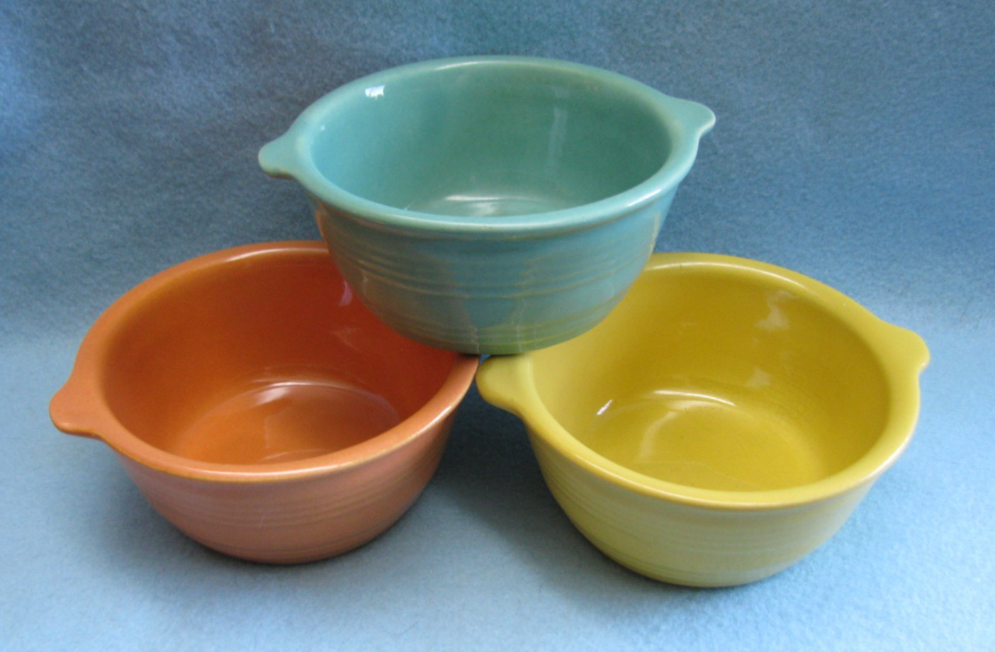 Vintage 3 Piece Set Pacific Art Pottery Lug Handled Bowls Ramekins 4 3/8 Inches