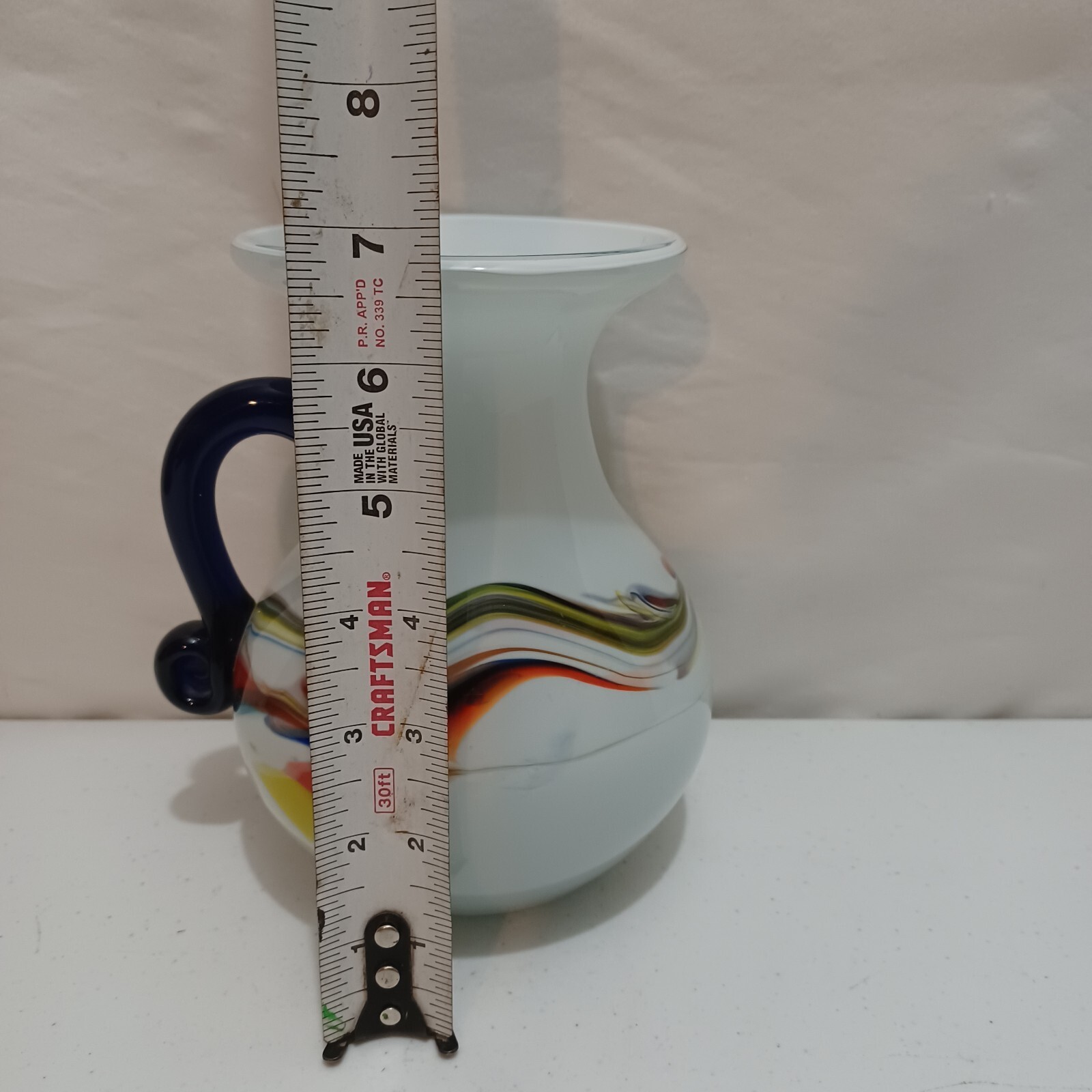 vintage venetian art glass pitcher white/yellow/cobalt blue 7″