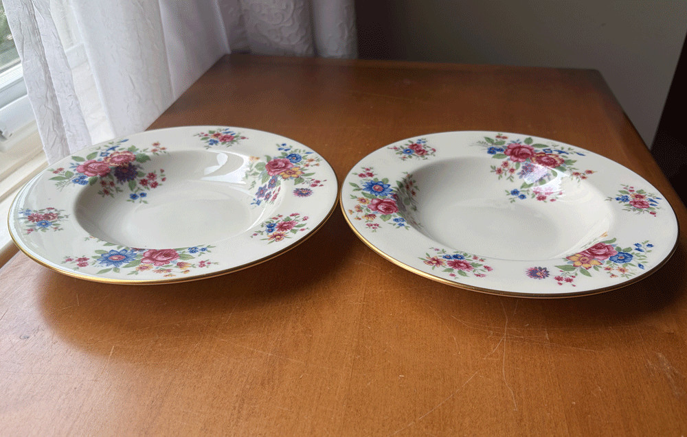 Lenox Aurora 2 rim soup bowls~fine bone china~1936~made in USA~gold rims