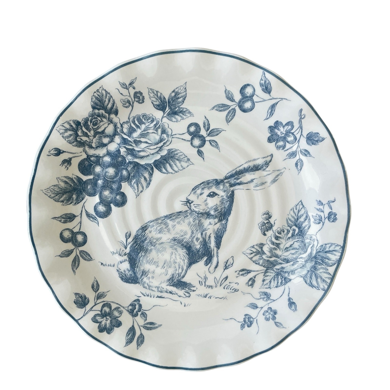 NEW Maxcera Blue Toile Bunny Rabbit Dinner Plates 11″ Scalloped Easter Set of 4
