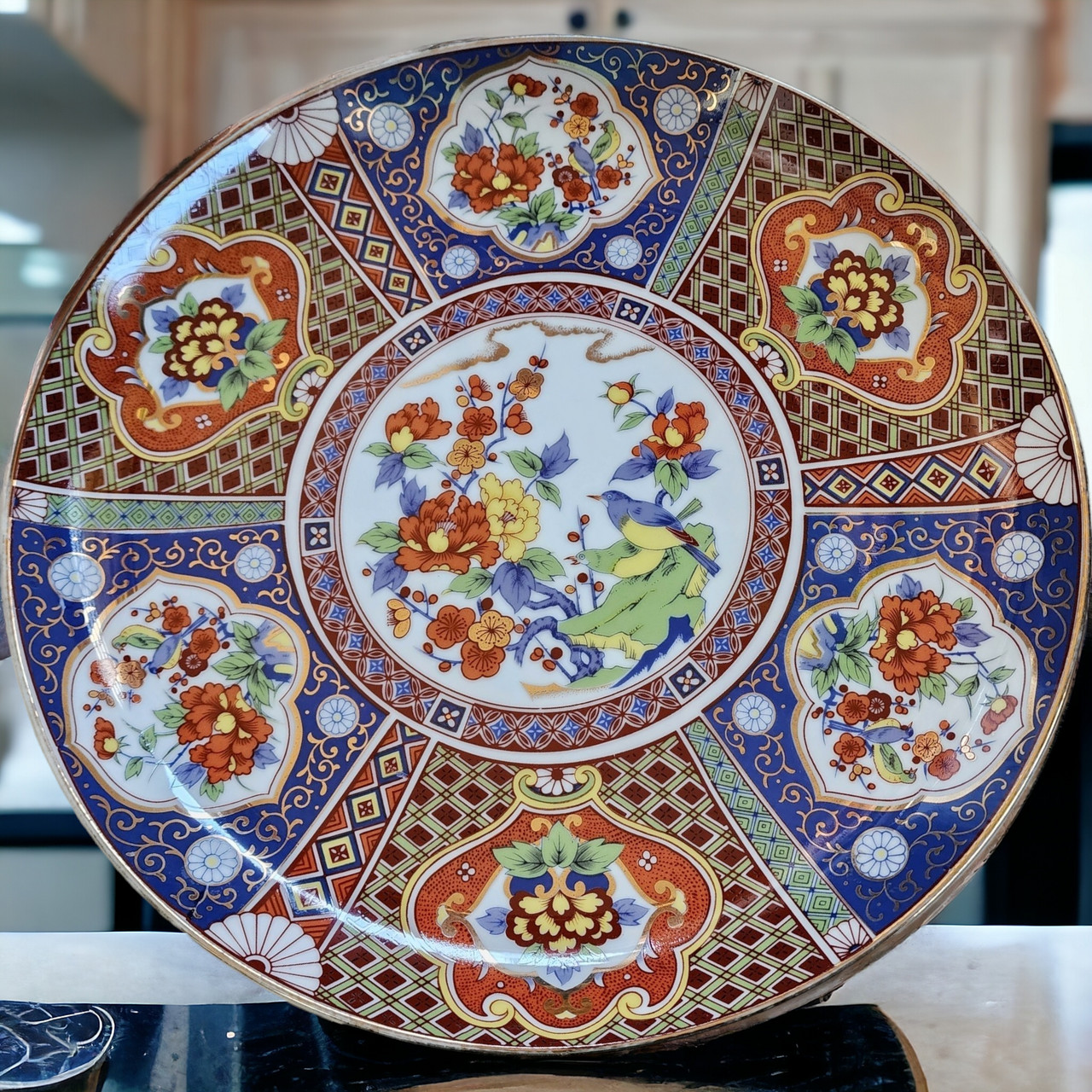 Heygill Imari Rust, Blue, Green & Yellow, Coupe, Gold Trim Chop Plate Round Plat