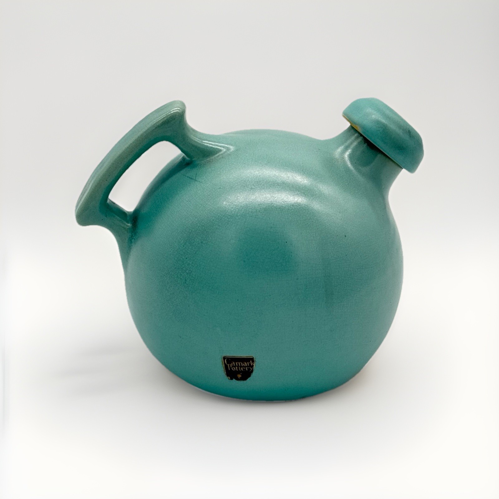 Vintage Art Deco Pottery Water Ball Pitcher Camark Teal Glazed Labels Cork 7″