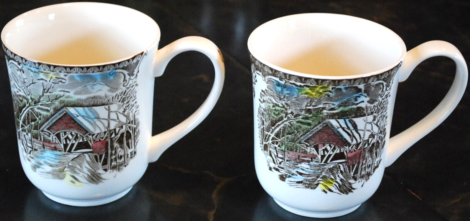 Set 2 Vintage MUGS Johnson Bros FRIENDLY VILLAGE ‘COVERED BRIDGE’ Transferware
