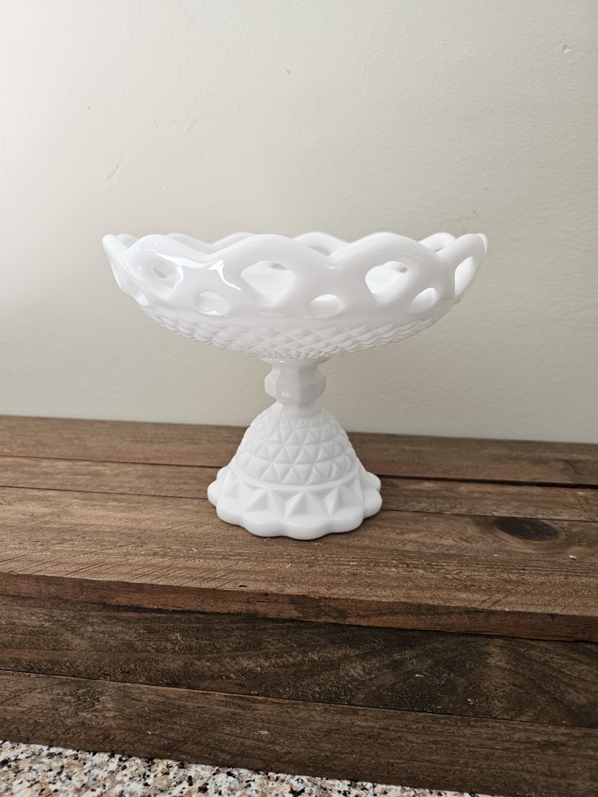 Imperial Glass Co Diamond Point White Glass Laced Edge Pedestal Compote Bowl
