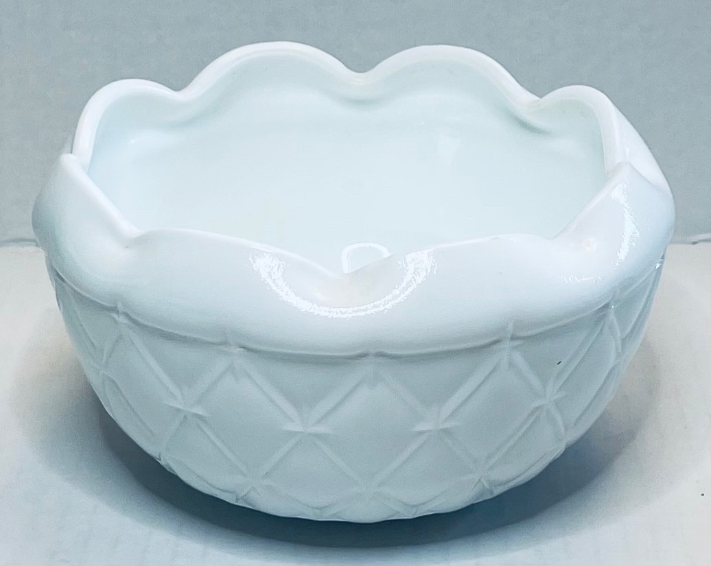 Vintage Indiana Glass White Milk Glass Rose Bowl Quilted Diamond Ruffled Edge