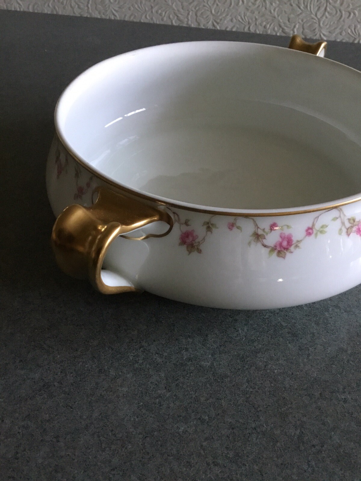 Haviland Limoges France Handled Casserole Dish Pink Rose Garland & Gold Trim
