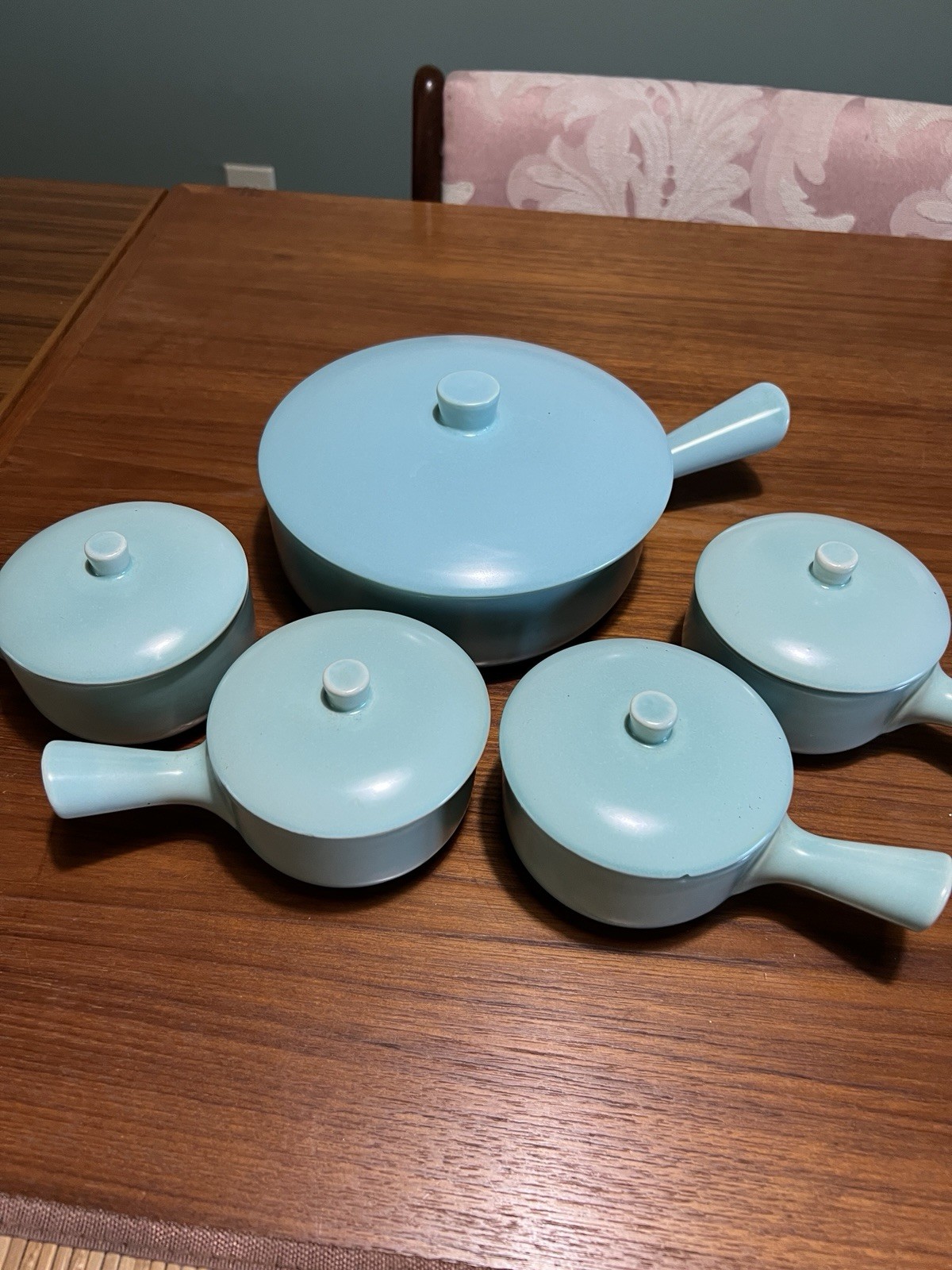 Vintage La Solana Pottery Aqua Blue 10 Pc Covered Handled Dish Bowl Set