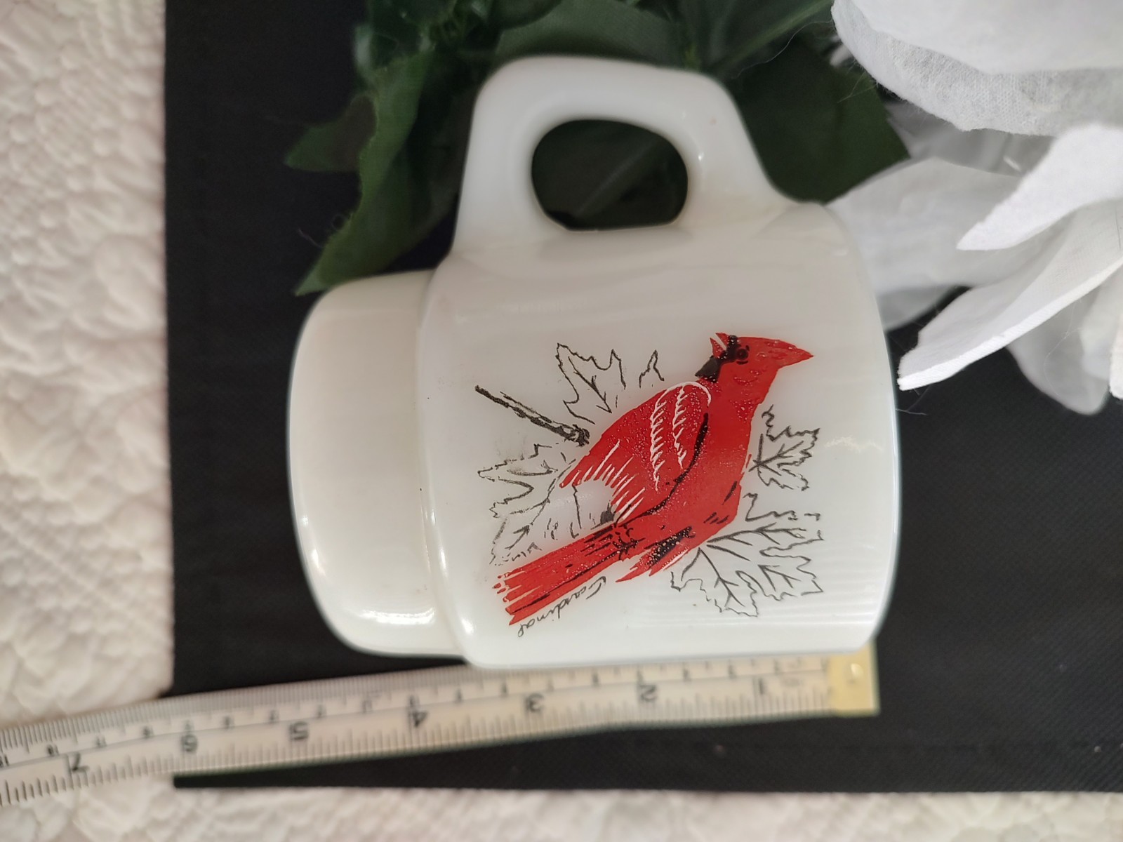 Cardimal Birds Fire King Mug EASTER Anchor Hocking Milk Glass Vtg Coffee Tea Cup