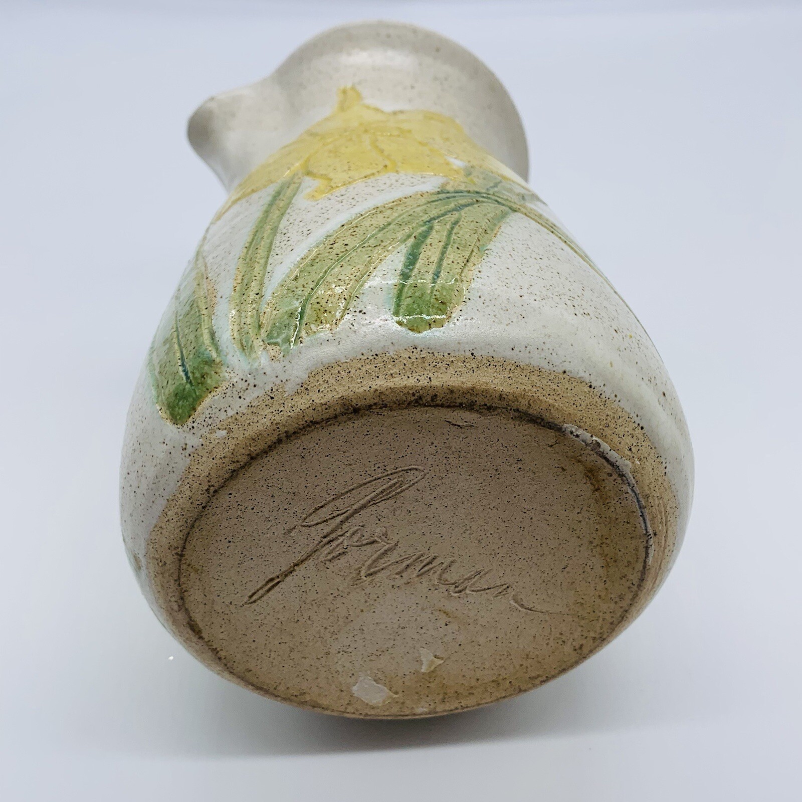 Vintage Studio Art Pottery Pitcher Yellow Flower Signed By Artist 7”T 5”W