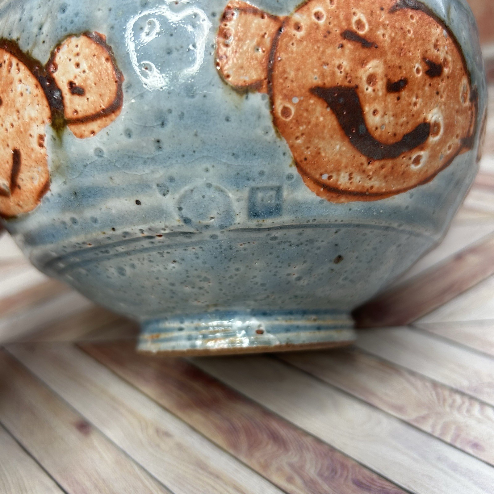 Pottery Bowl Faces Footed Artisan Handmade 6” Diameter 3.5″ Tall Blue Whimsical