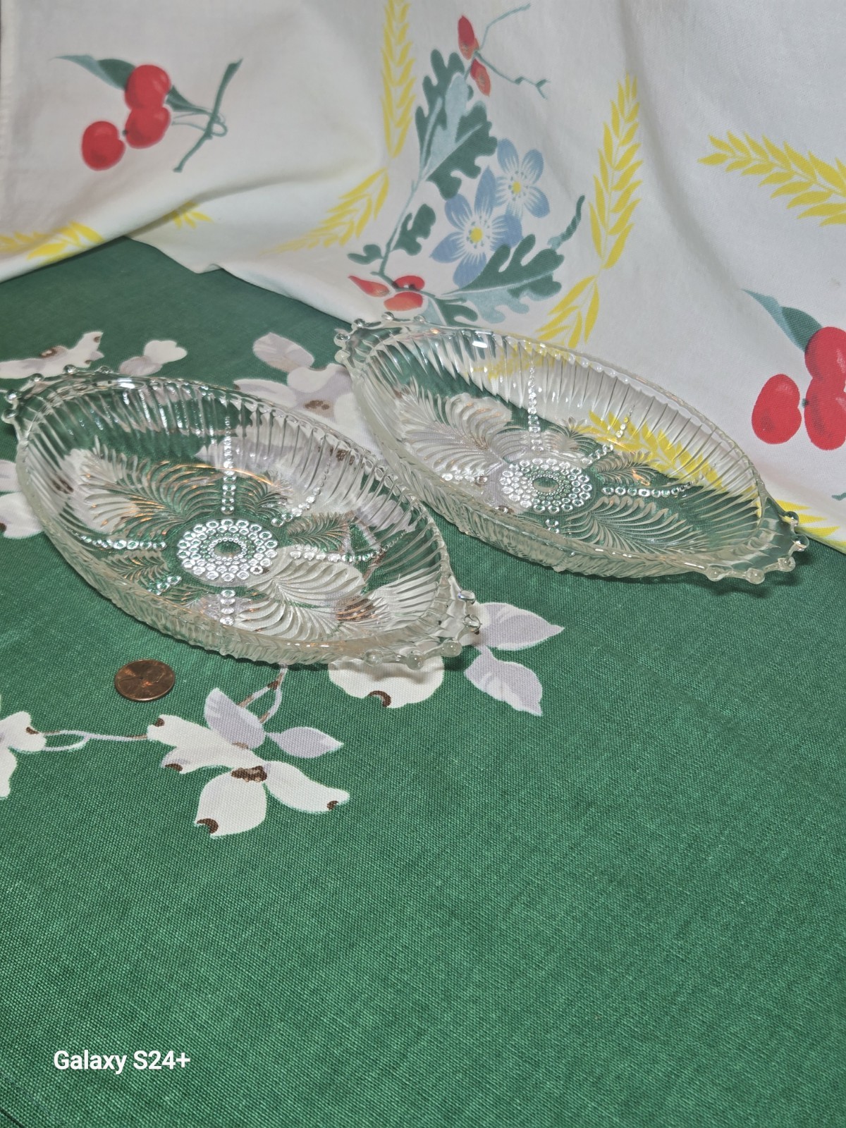 Pair of Depression era Feather Pattern Oval Pressed Glass Mint Tray
