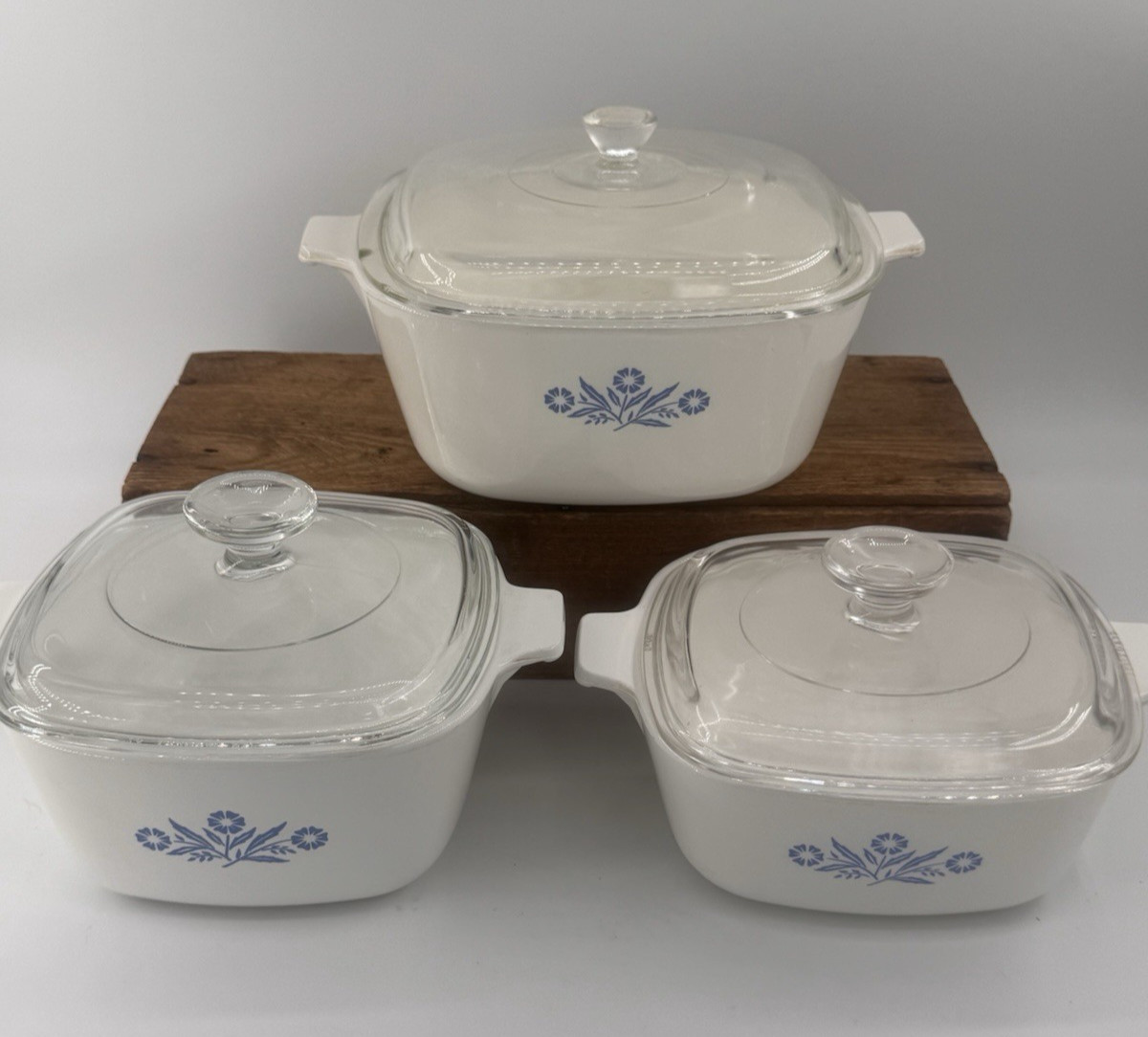 3 VTG Corning Ware Blue Cornflower Casserole Dishes with Lids Bakeware Kitchen
