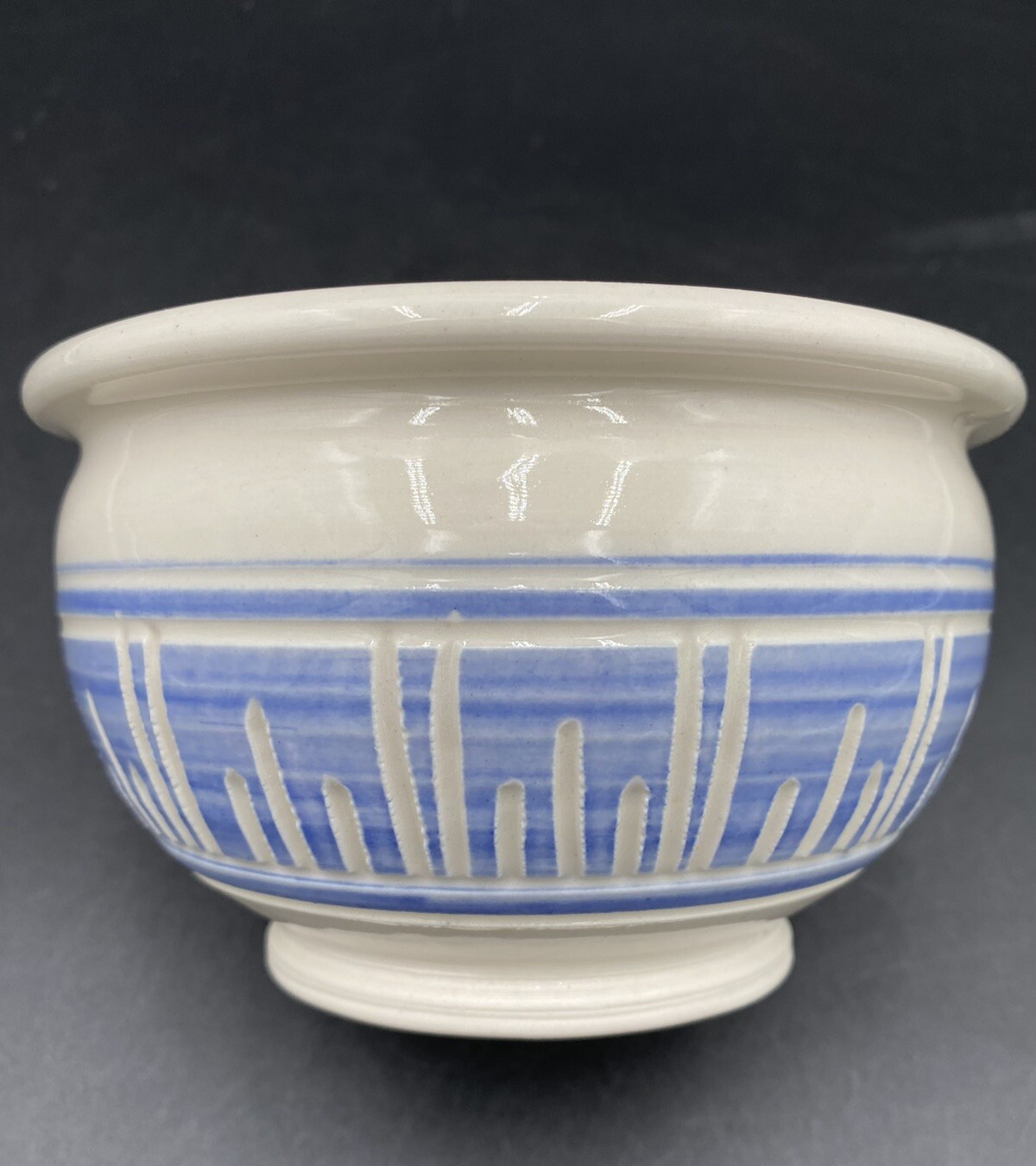 Alice Boysen Handmade Stoneware Footed Bowl, Vertical Bands on Blue, Signed