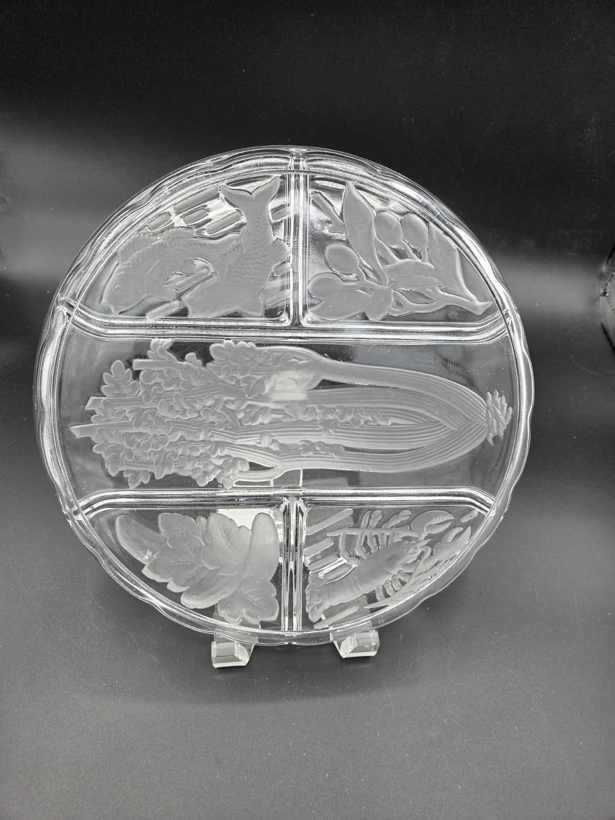 Vintage Indiana Glass Frosted 5 Part Divided Relish Tray Celery Fish Lobster
