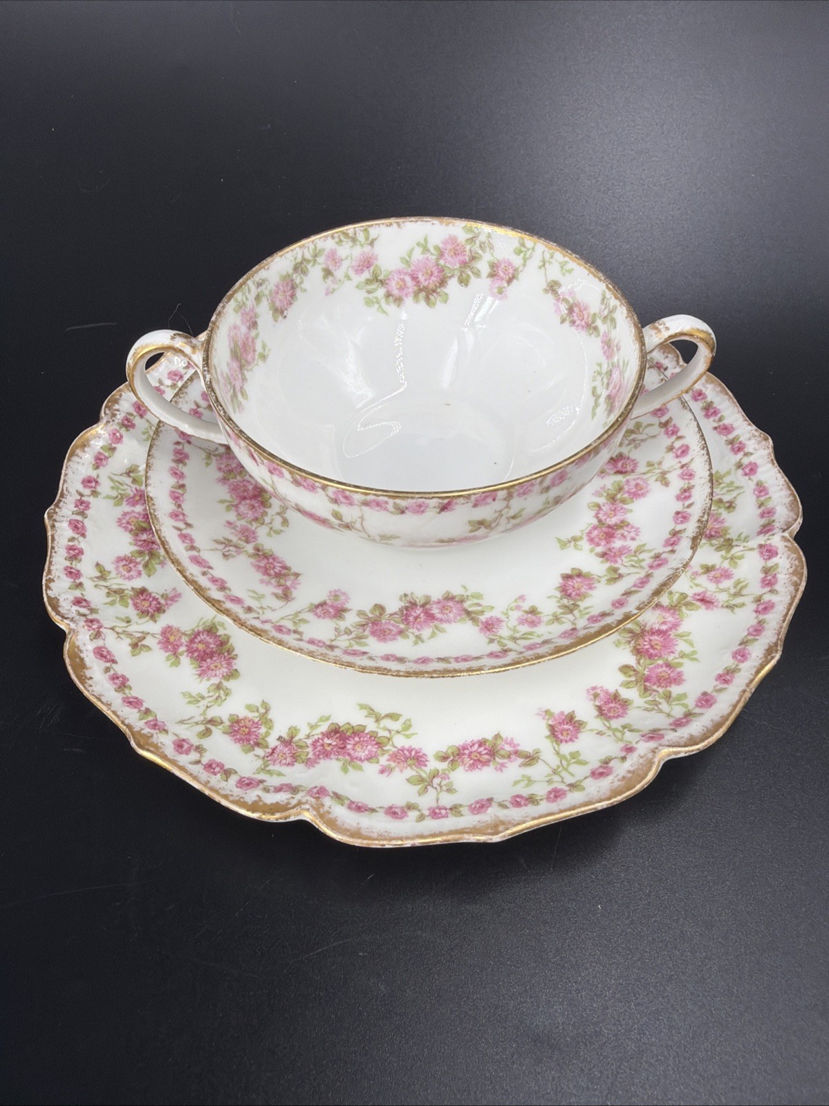 Gerard Dufraisseix Abbot LIMOGES Rose Garland Cup Saucer Plate 3 PC GDA88 France